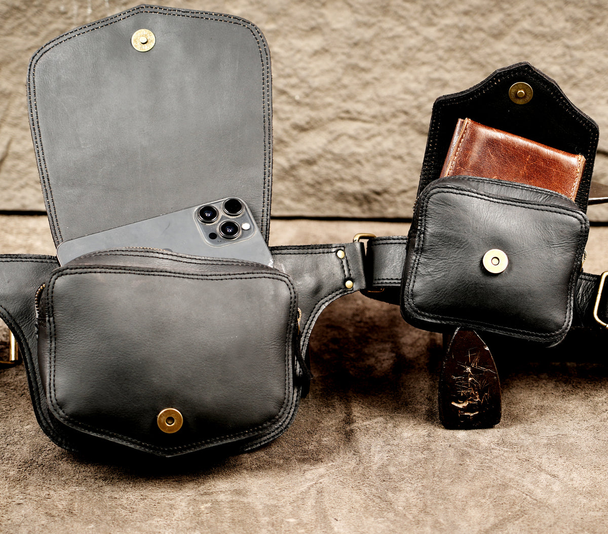 Versatile black leather belt with multi-functional pouches   