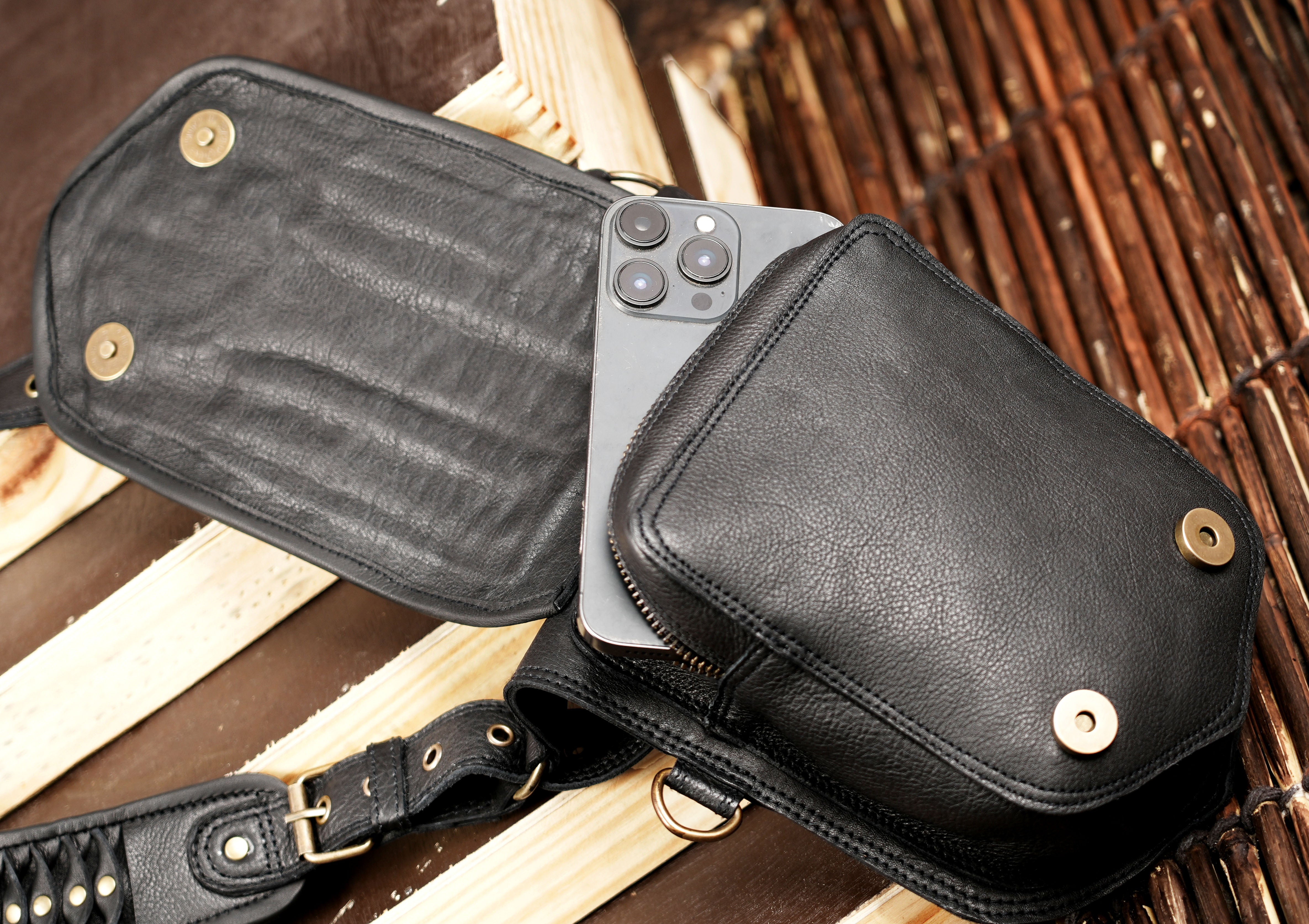 Handmade Black Leather Shoulder Holster Harness with Dual Utility Pouches | Adjustable Chest Rig | Gothic Steampunk Leather Holster (LT/AB/HLS/6053)