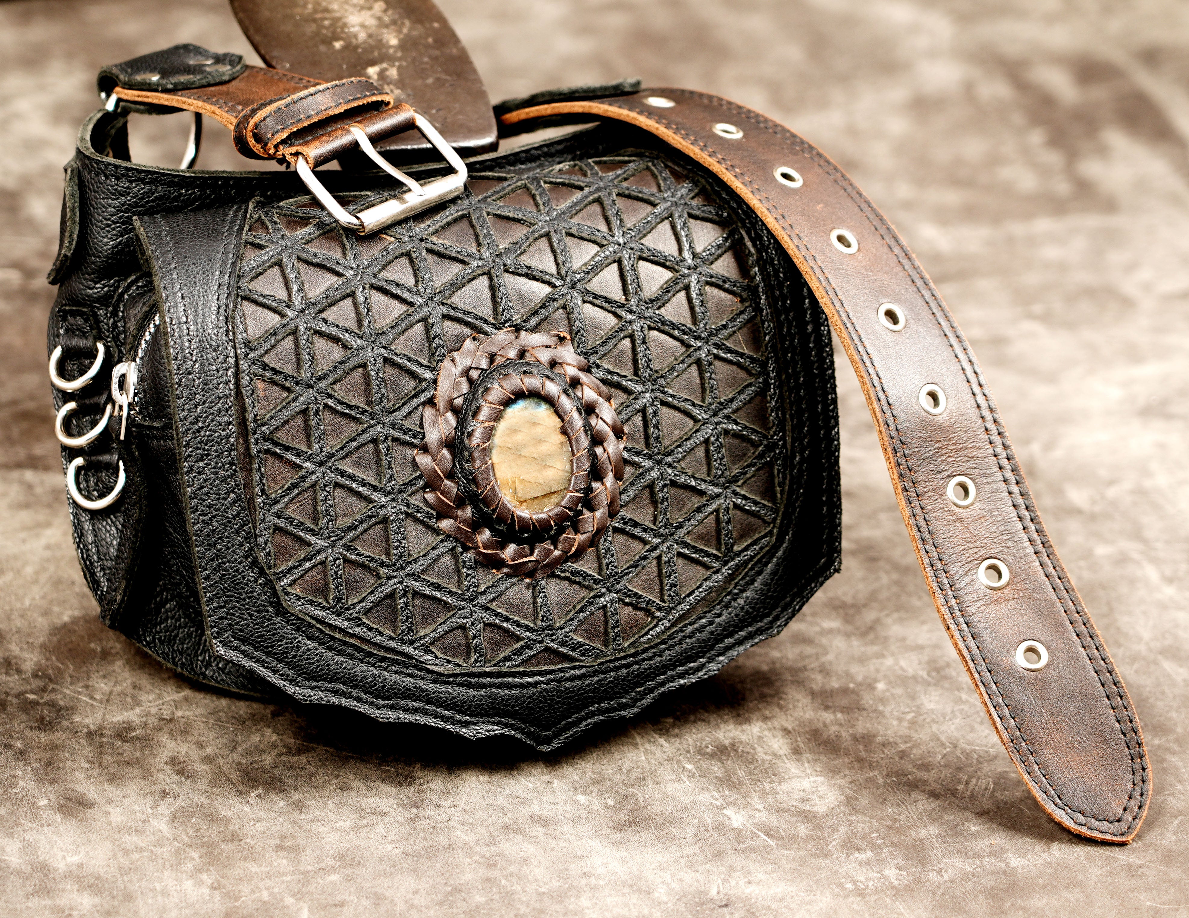 Black leather waist belt pouch for travel, hiking, music festivals, and daily essentials