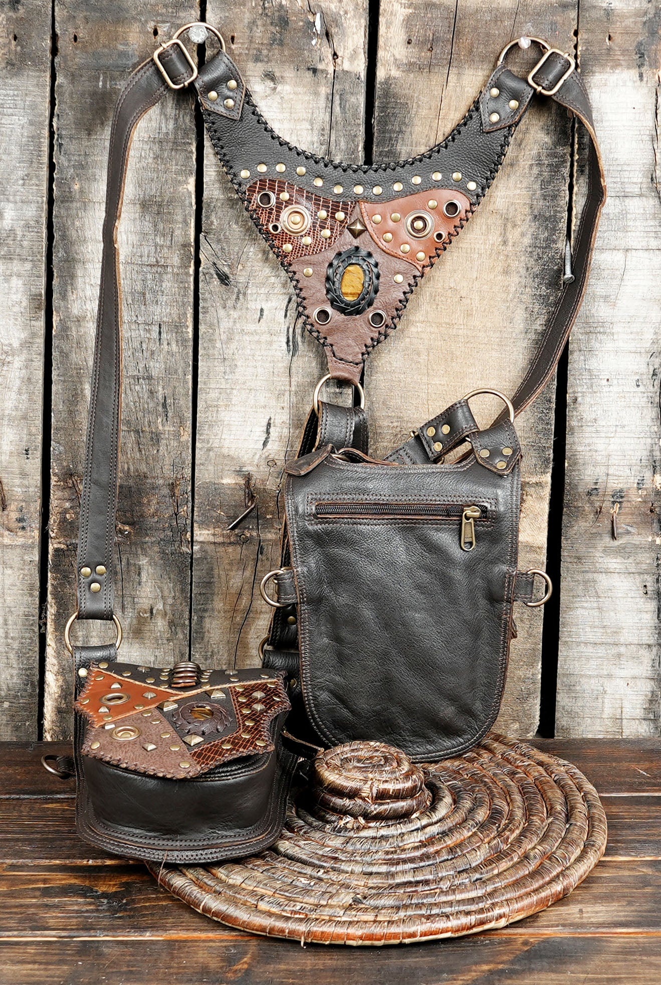 Tribal inspired leather holster bag with detailed stitching work