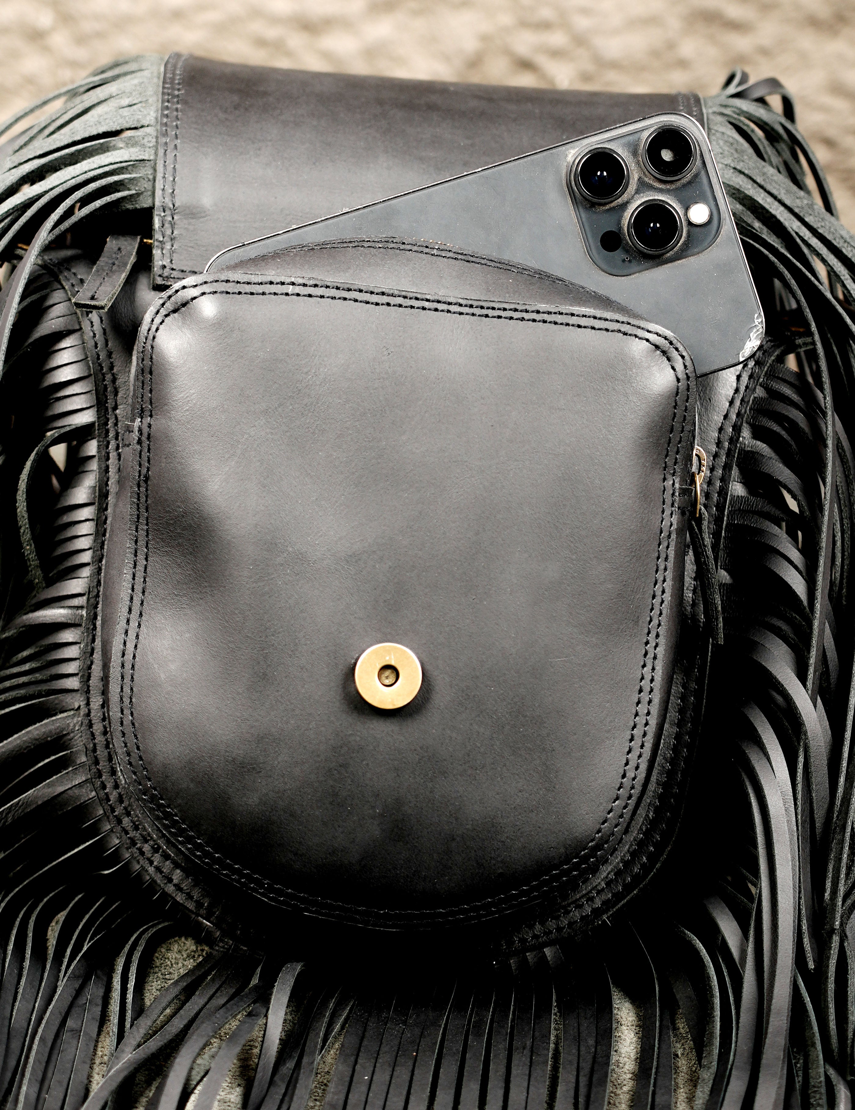 Black leather bohemian belt pouch