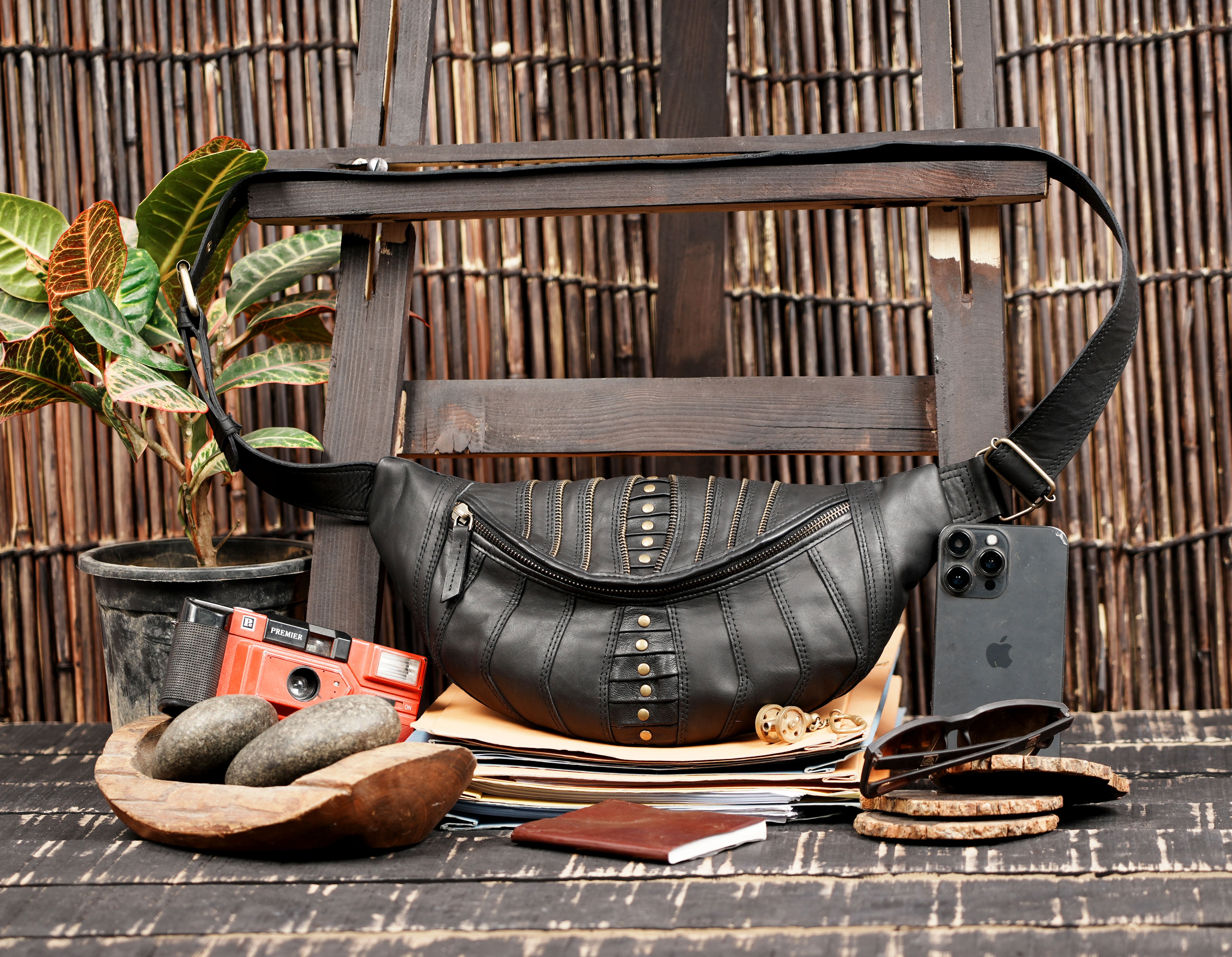 Handmade Black Leather Waist Shoulder Belt with Zipper Pouch || Leather Waist Shoulder Bag with Studded Detailing (LT/AB/SB/6011)