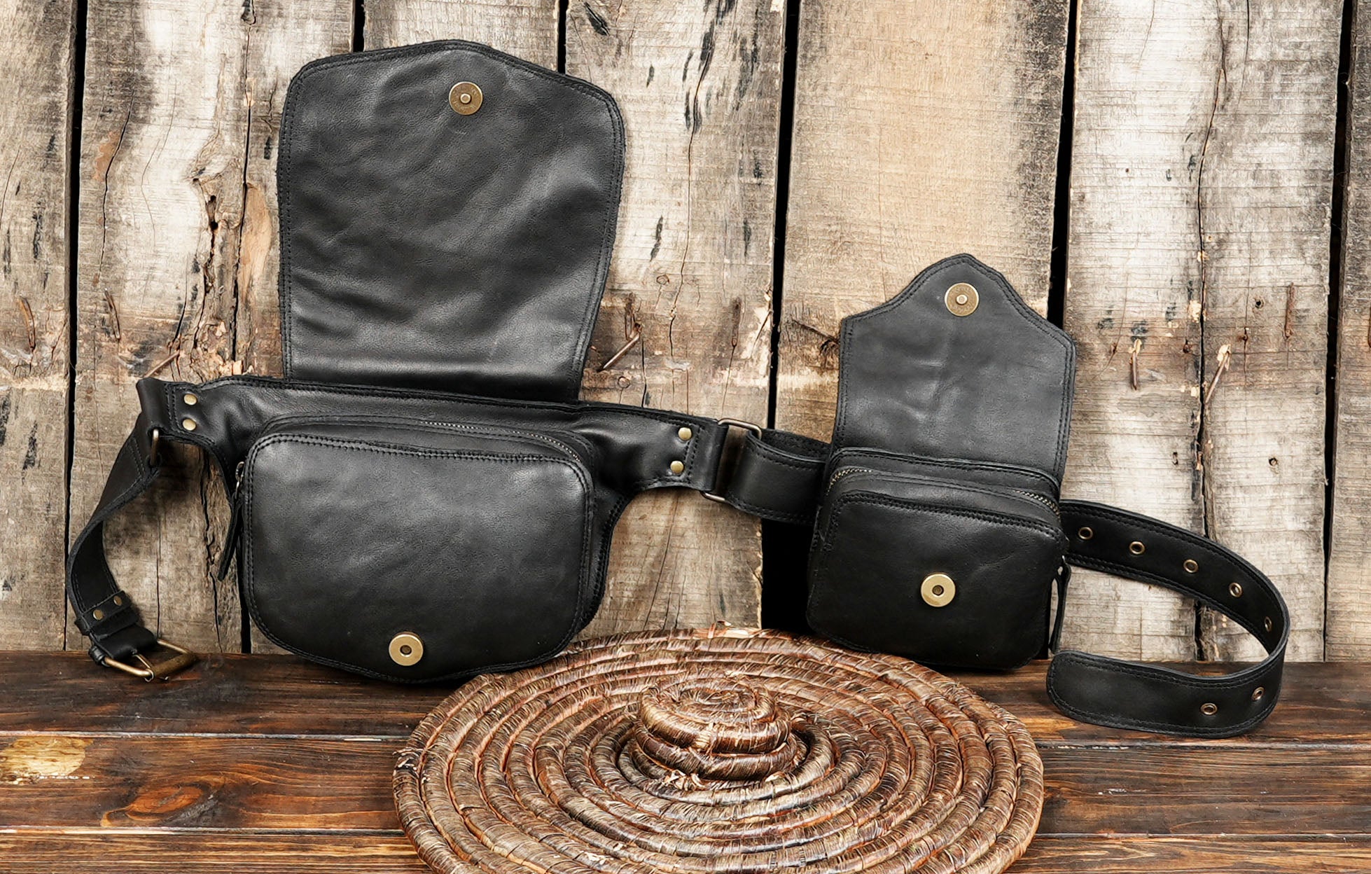 Handmade Leather Utility Belt Bag with Labradorite Stone – Adjustable Pocket Belt with Double Pouches, Festival Hip Bag