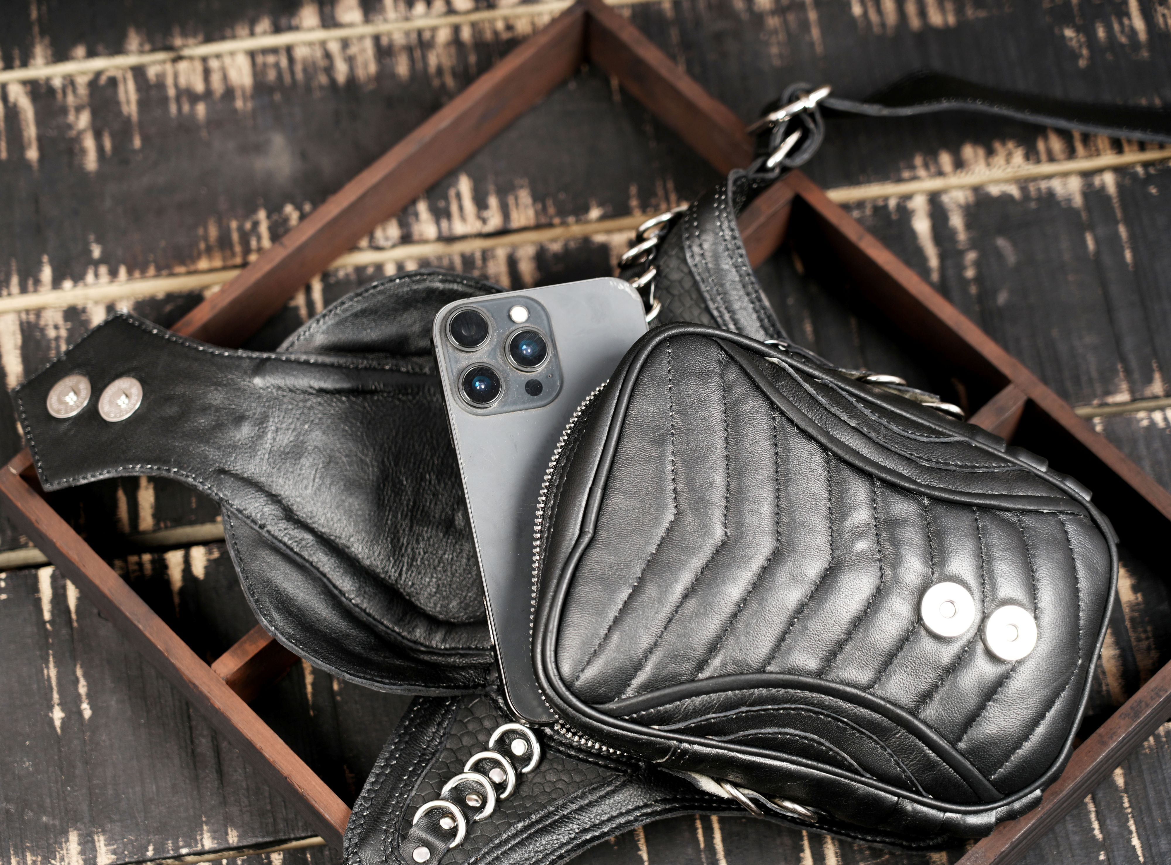 Handmade Black Leather Waist Belt with Front Utility Pouch | Adjustable Leather Belt Bag | Gothic Festival Travel Leather Belt (LT/NS/WB/6032)