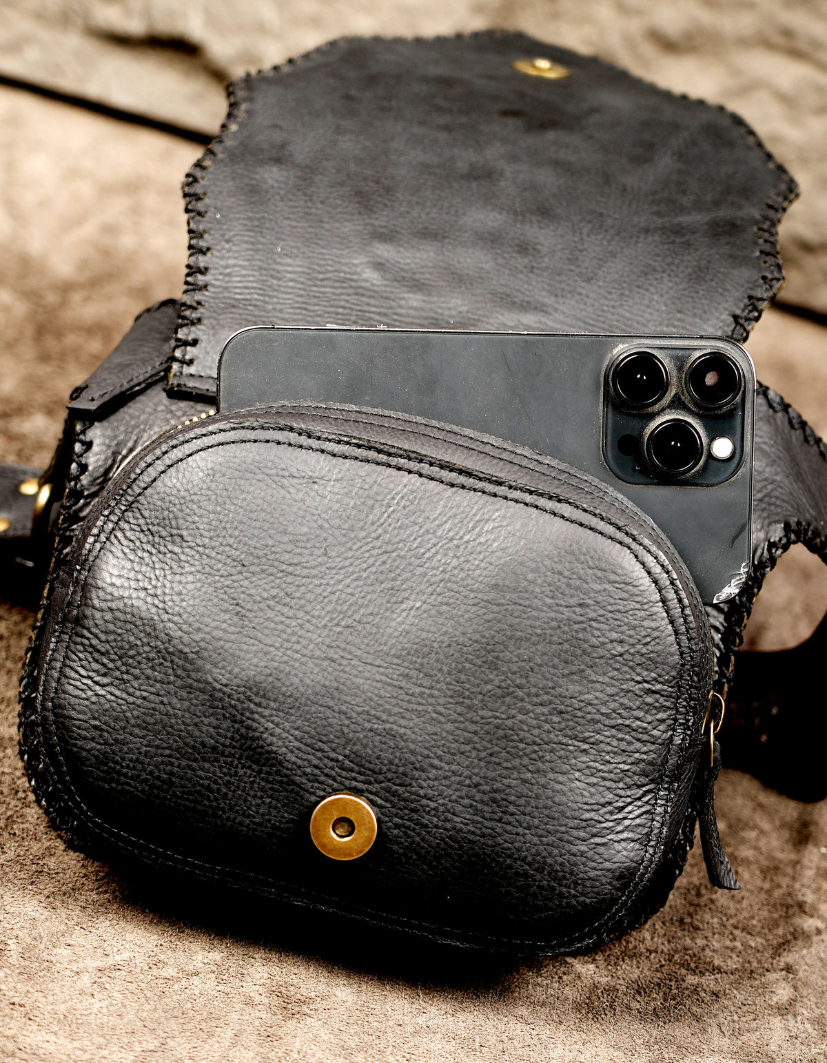 Handmade boho waist pouch with natural stone