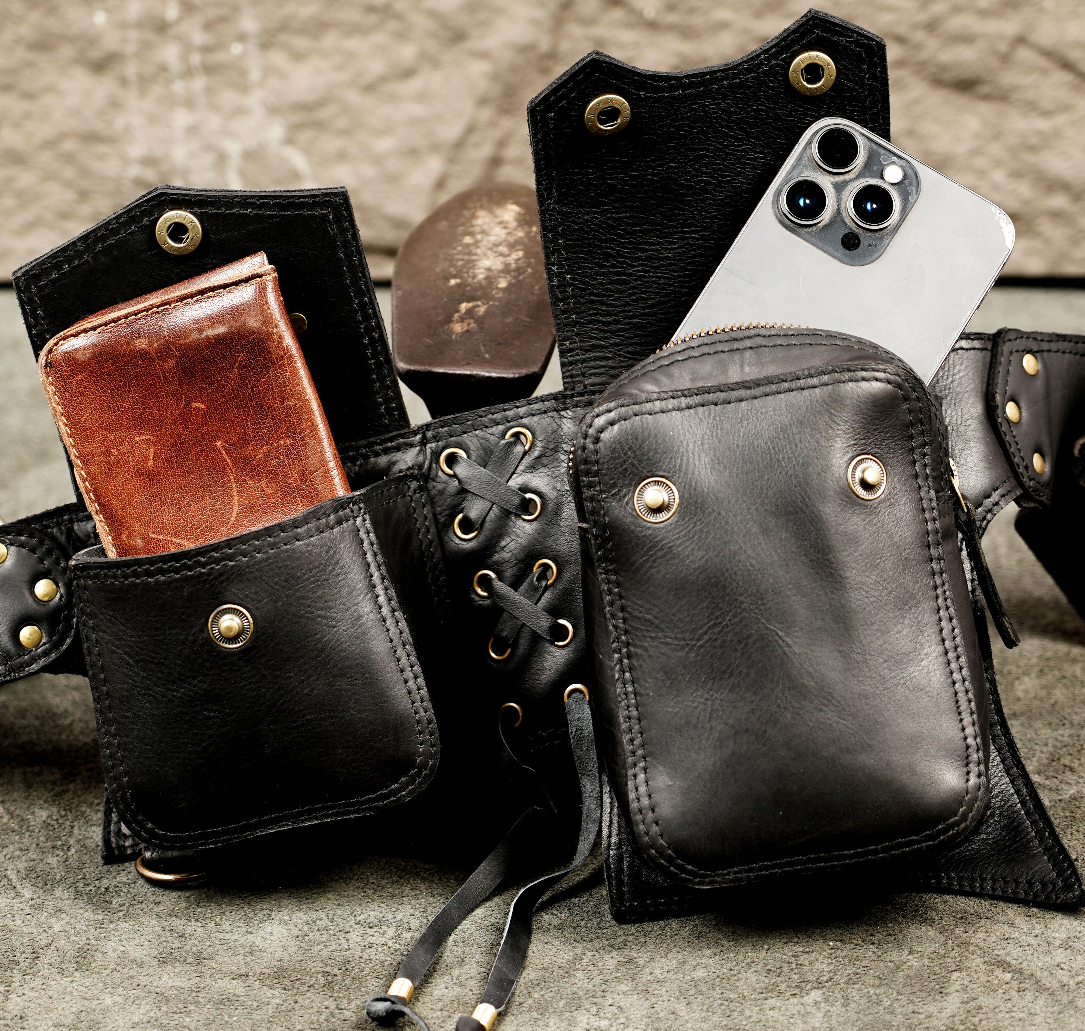 Rustic leather utility belt bag with rivets and pouches