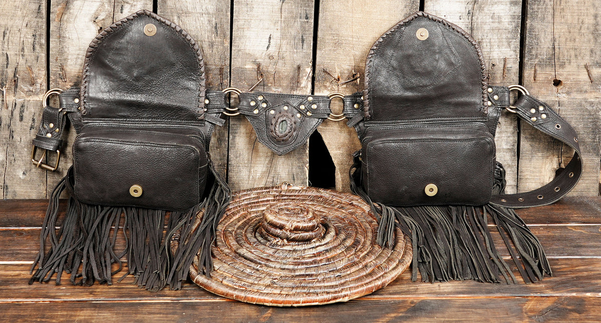 Handmade Leather Fringe Belt Bag, Black Western Waist Belt, Boho Hip Pouch, Stone Accent, Festival Wear