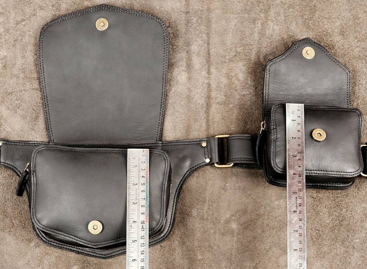 Boho chic black leather hip bag belt for music festivals   