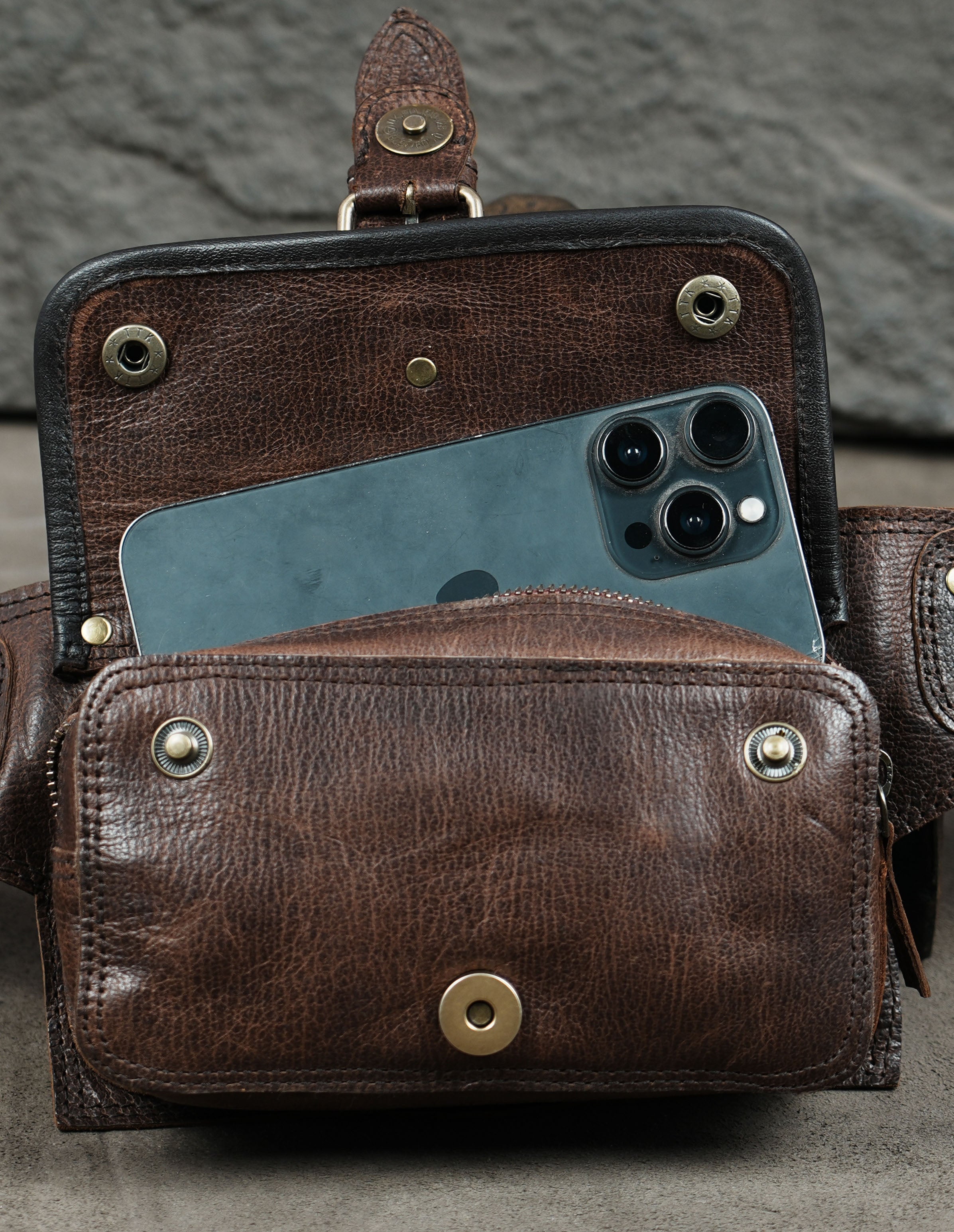 Steampunk brown leather belt bag with two secure pouches