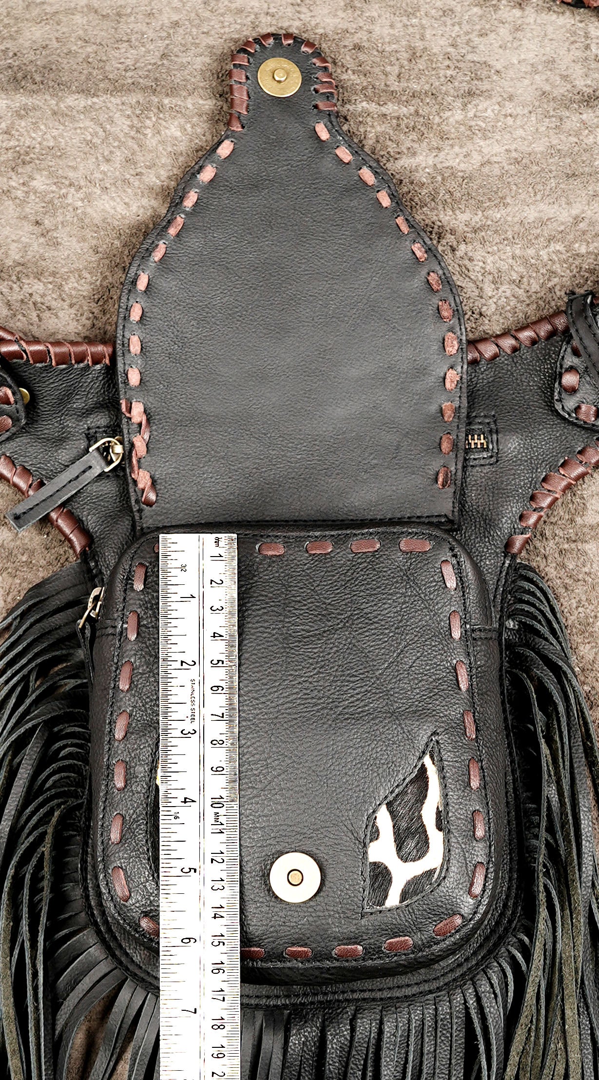 Black Leather Fringe Waist Belt Bag with Cow Print Detail and Antique Brass Hardware