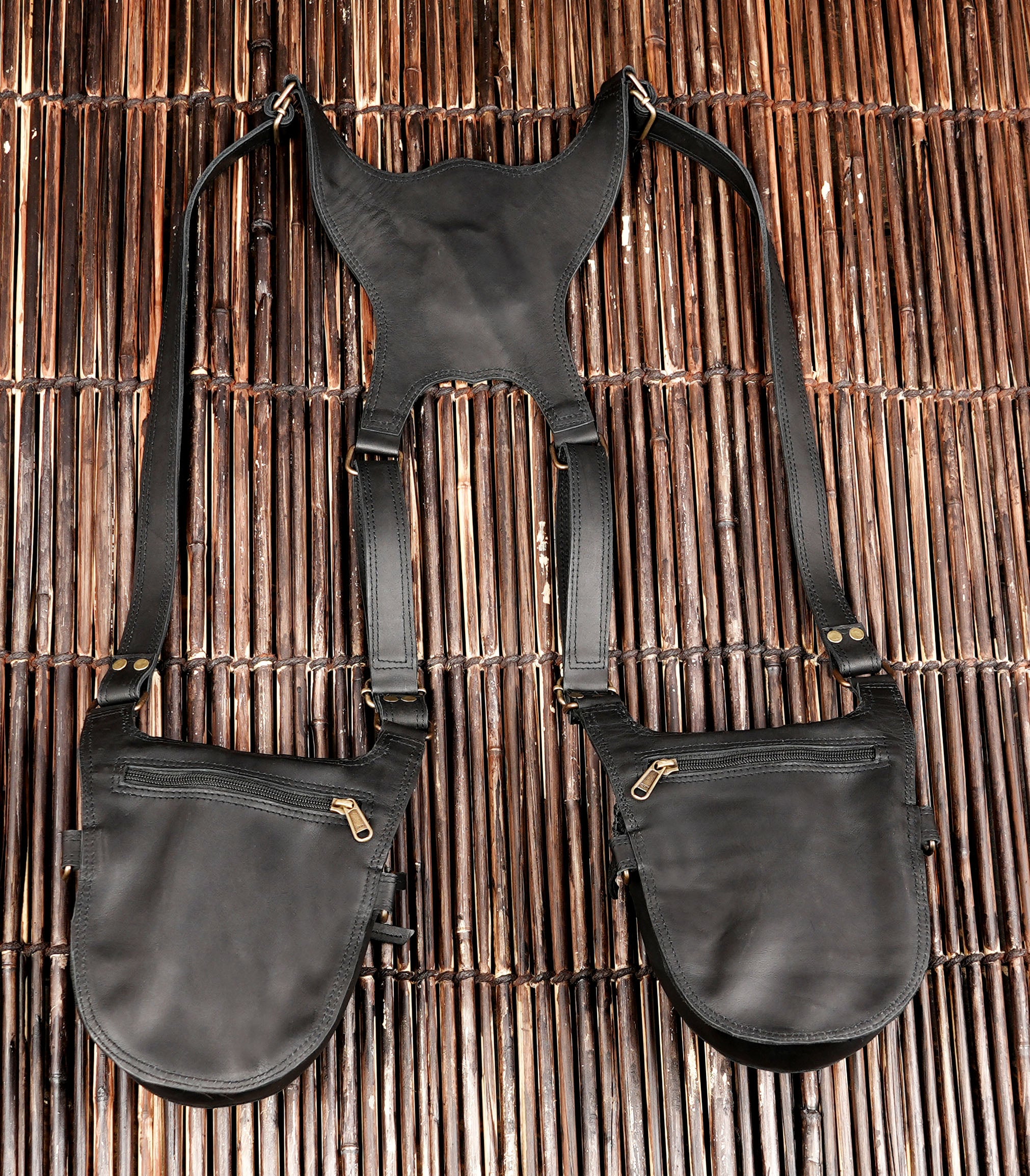 Handmade leather utility harness with gemstone inlay