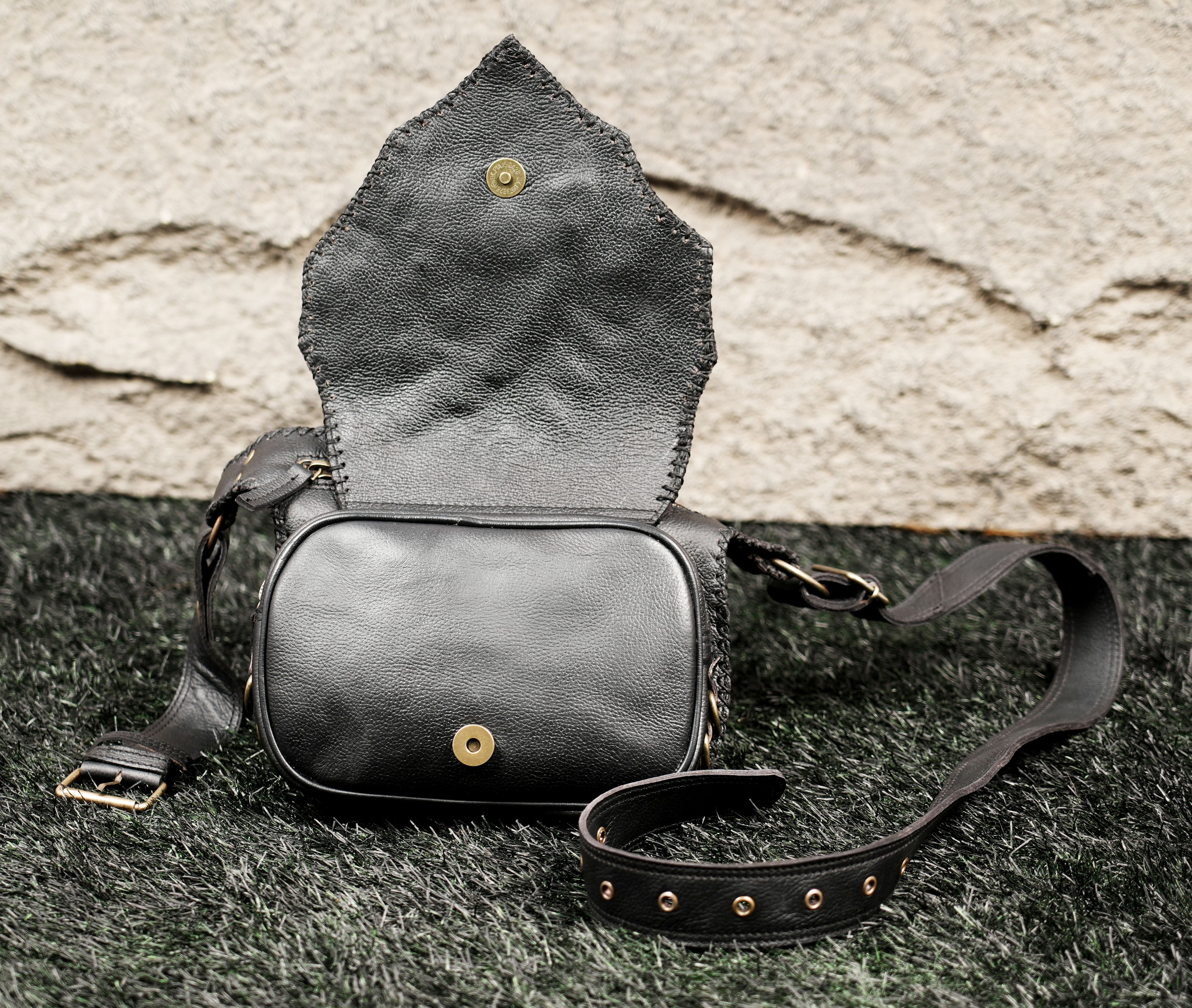 Festival handmade leather belt bag with functional storage pocket
