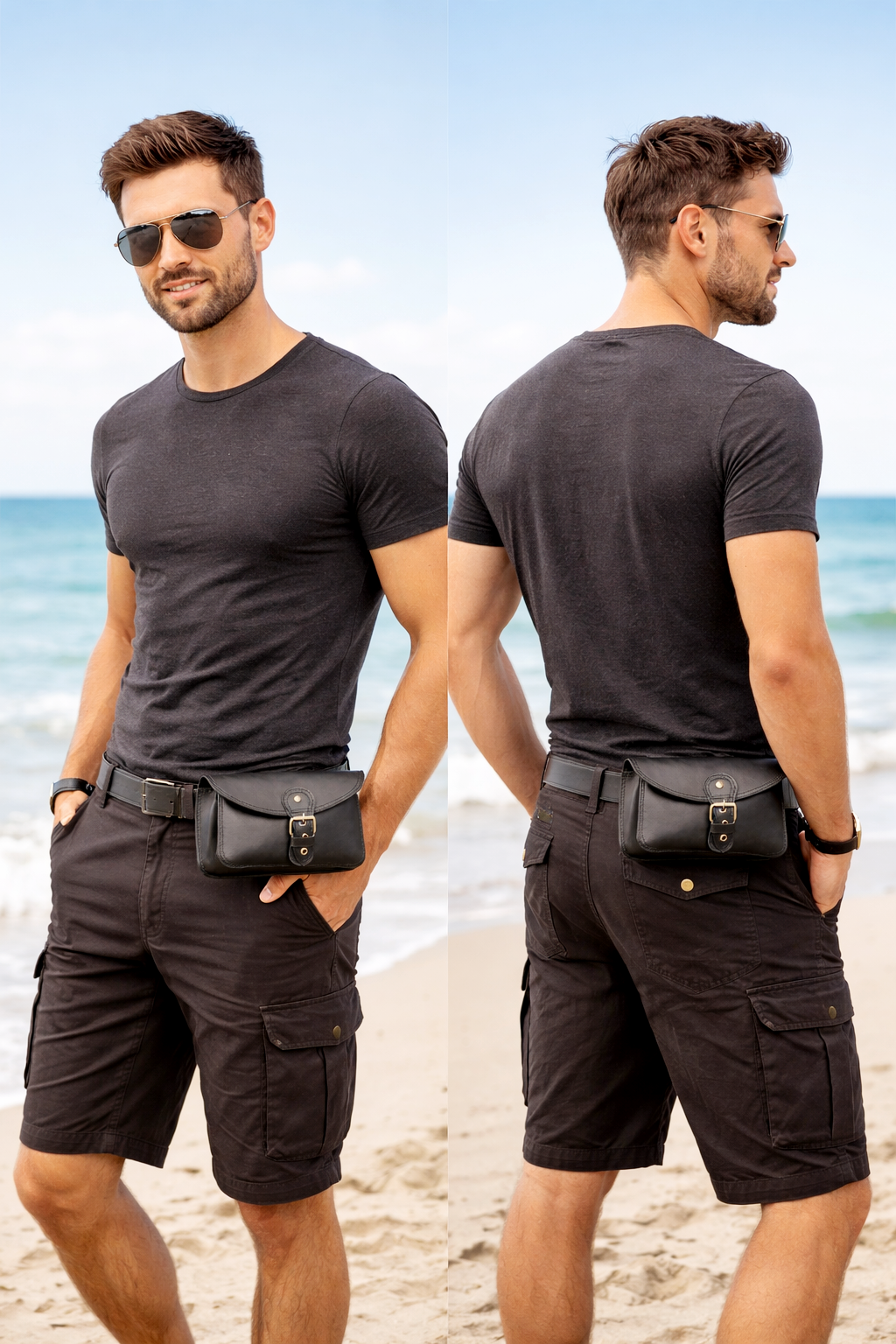Black leather hands-free belt bag for travel, hiking and everyday use