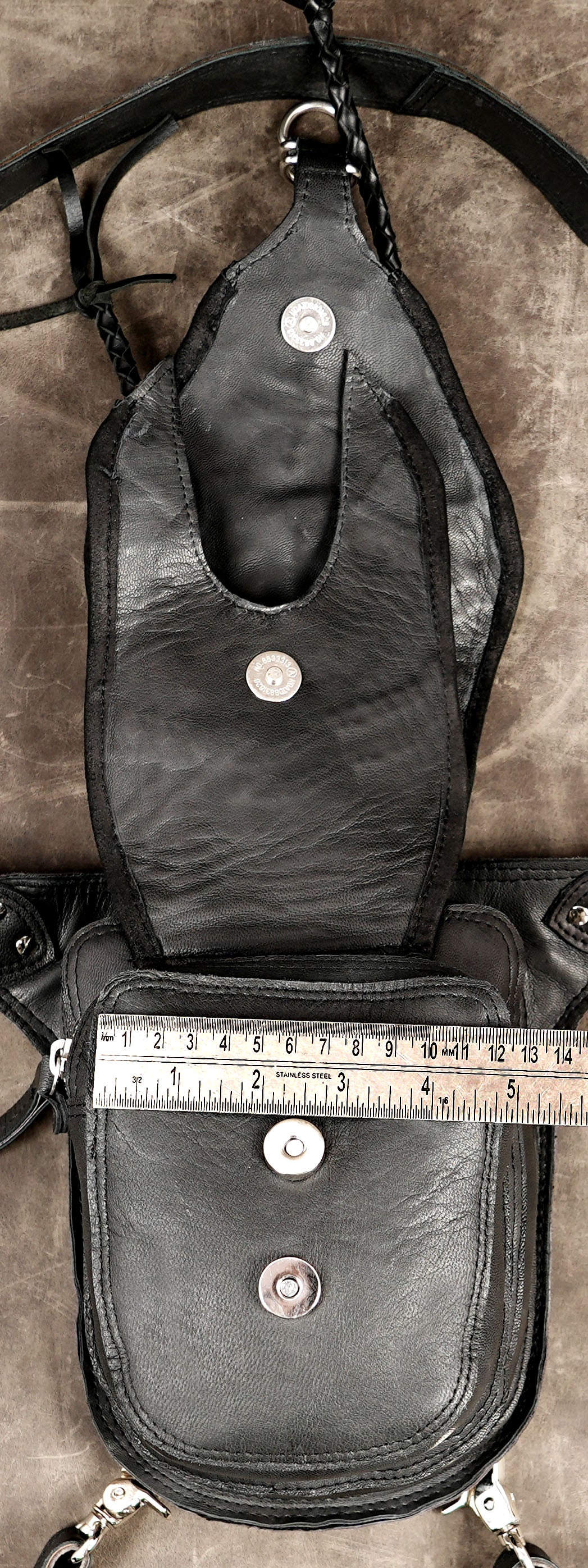 Dark alternative black leather drop-leg pouch with metal studs