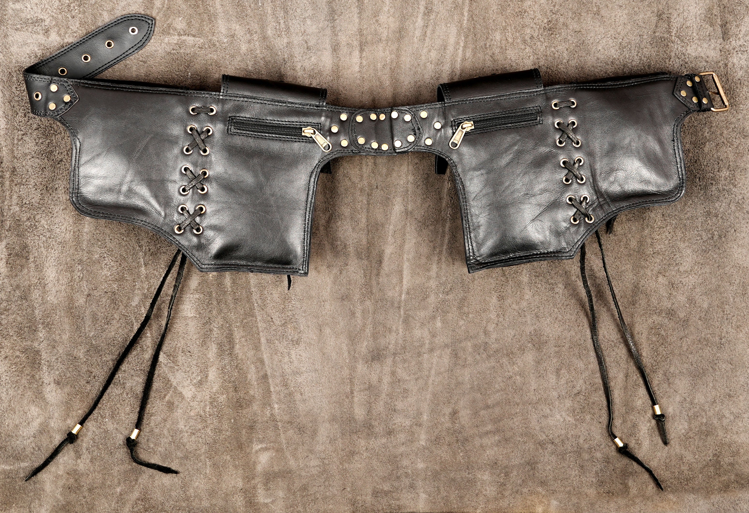 Handmade leather costume belt with lace up details