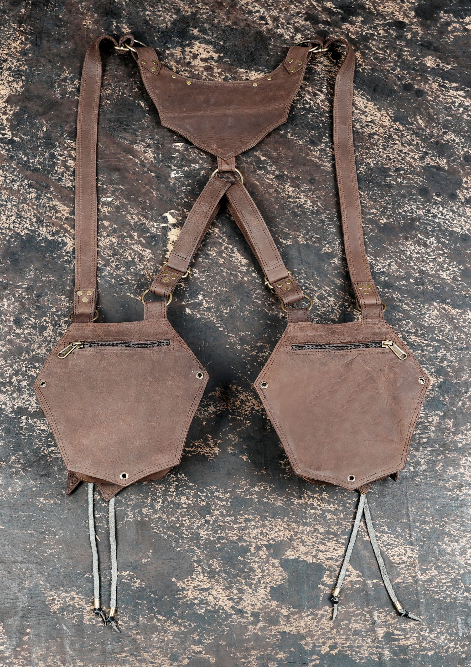 Handmade leather shoulder holster with dual pouches || Tribal leather chest rig with stud work || Travel leather utility shoulder rig (LT/AB/HLS/6060)