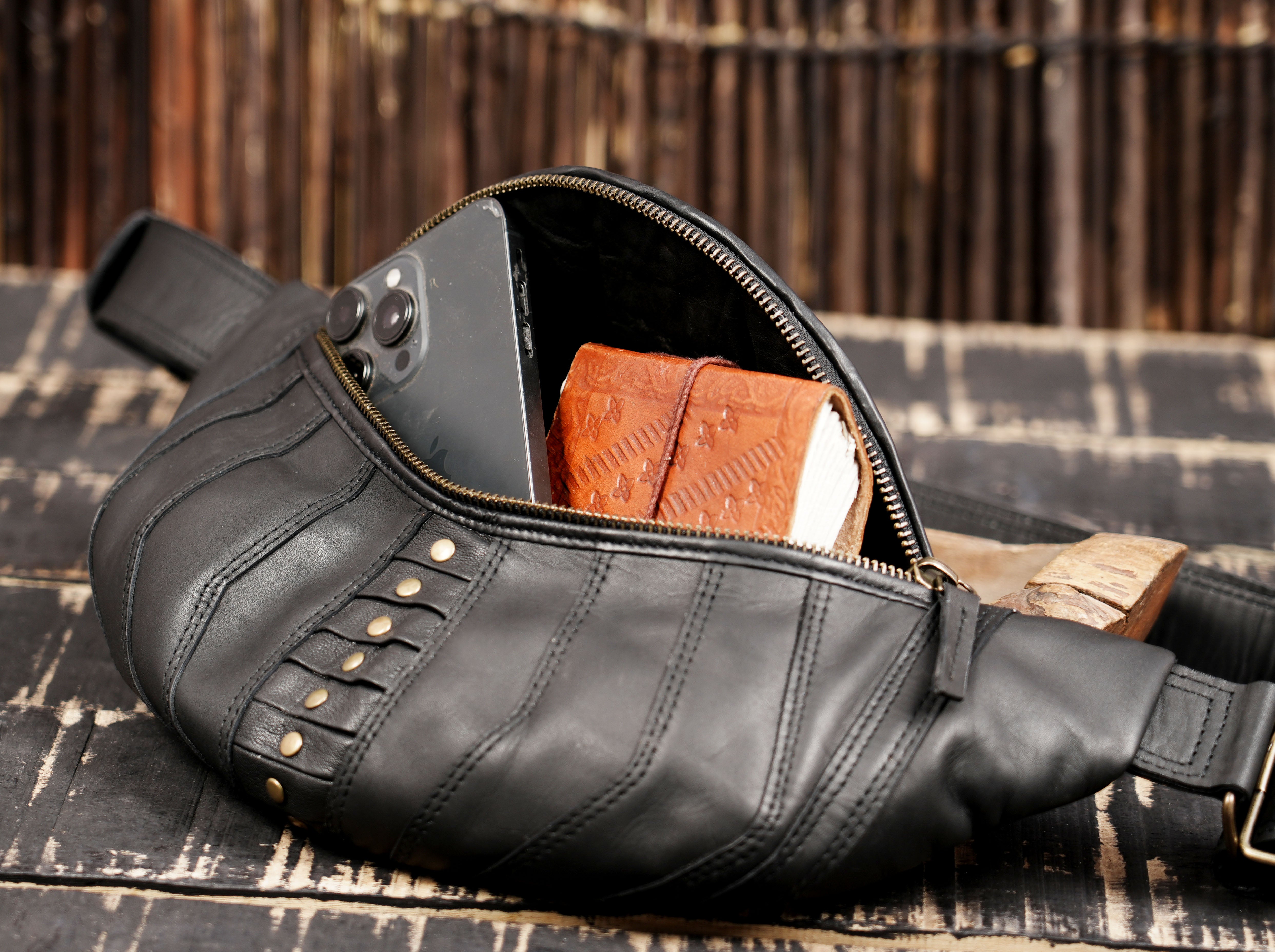 Handmade Black Leather Waist Shoulder Belt with Zipper Pouch || Leather Waist Shoulder Bag with Studded Detailing (LT/AB/SB/6011)