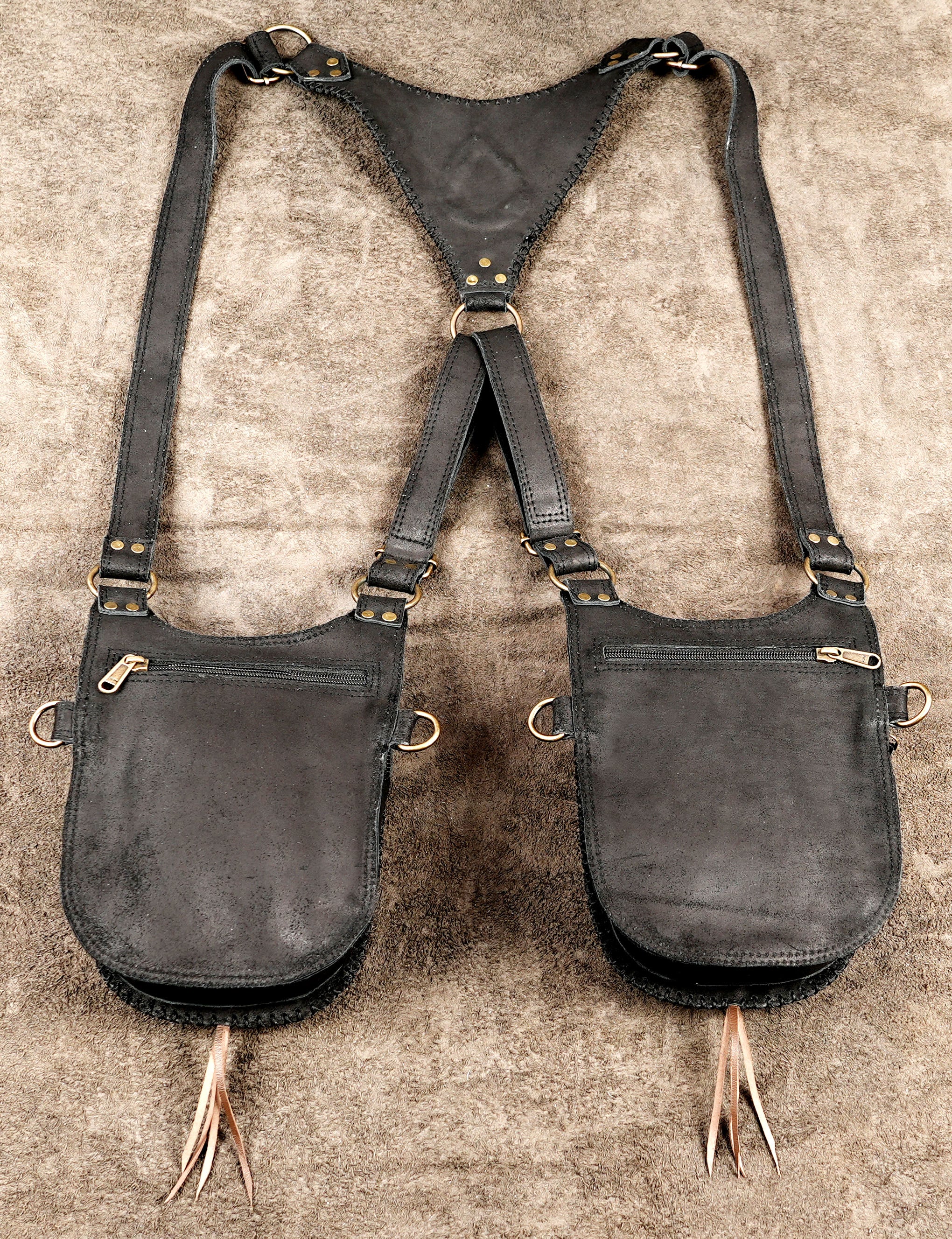 Black Leather Double Holster Bag with Antique Brass