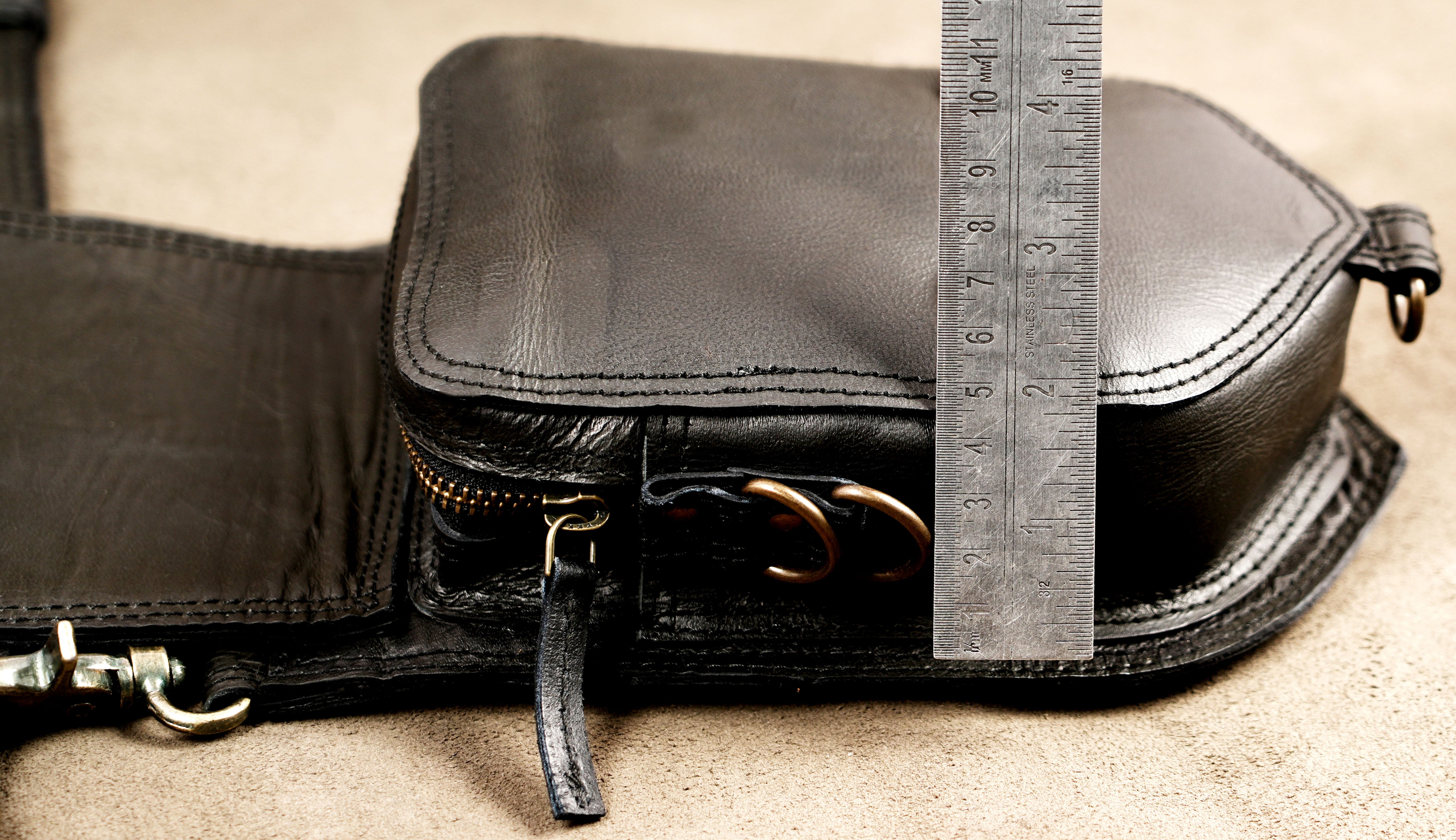 Black Leather Boho Utility Belt with Two Side Pouches