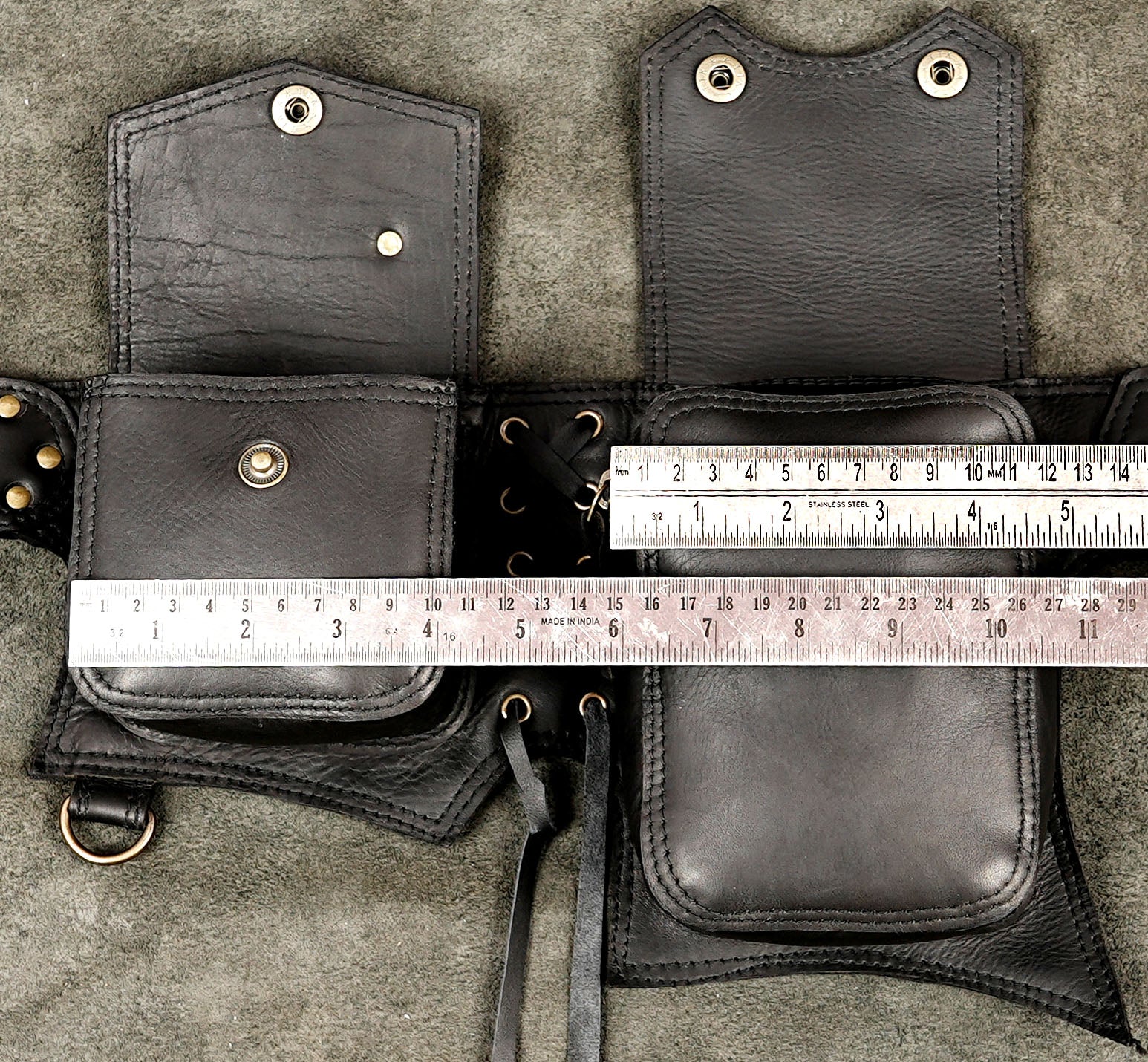 Renaissance style leather belt with O-ring and multiple pouches