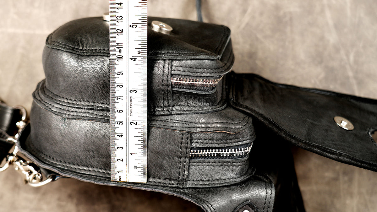 Functional black leather tactical waist bag and thigh strap set