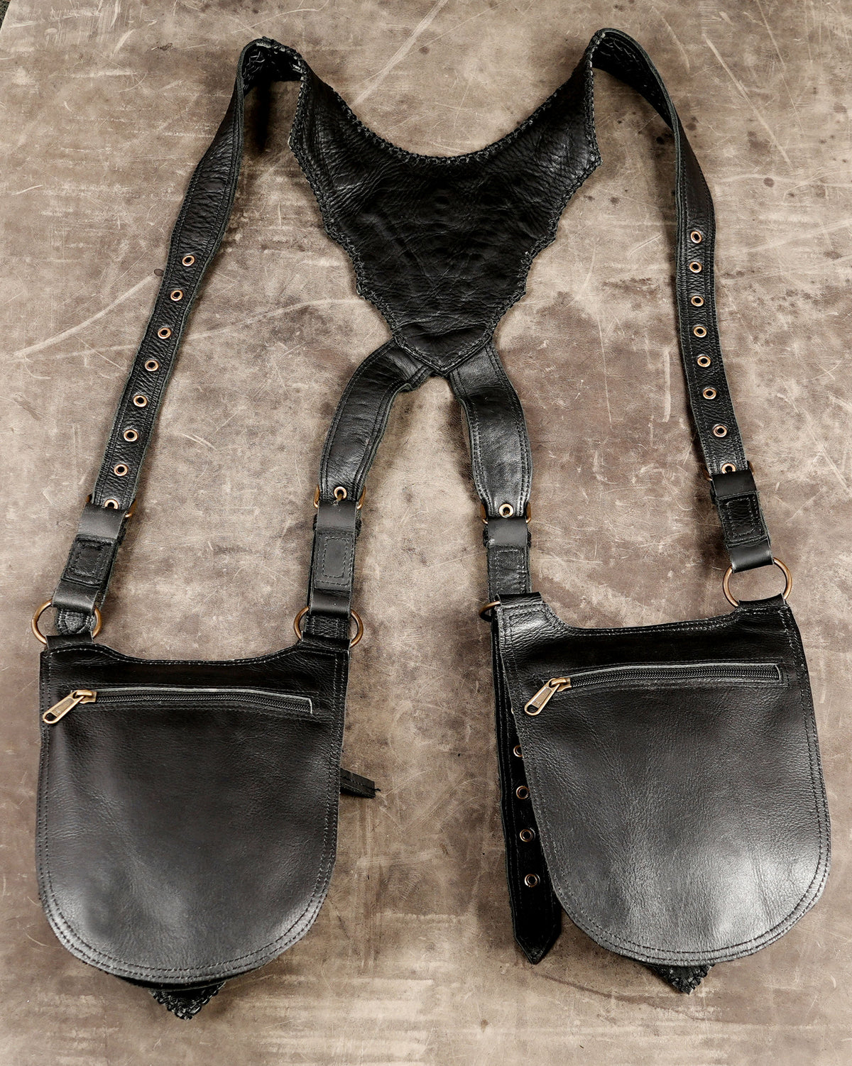 Unique bohemian leather body harness with utility pockets