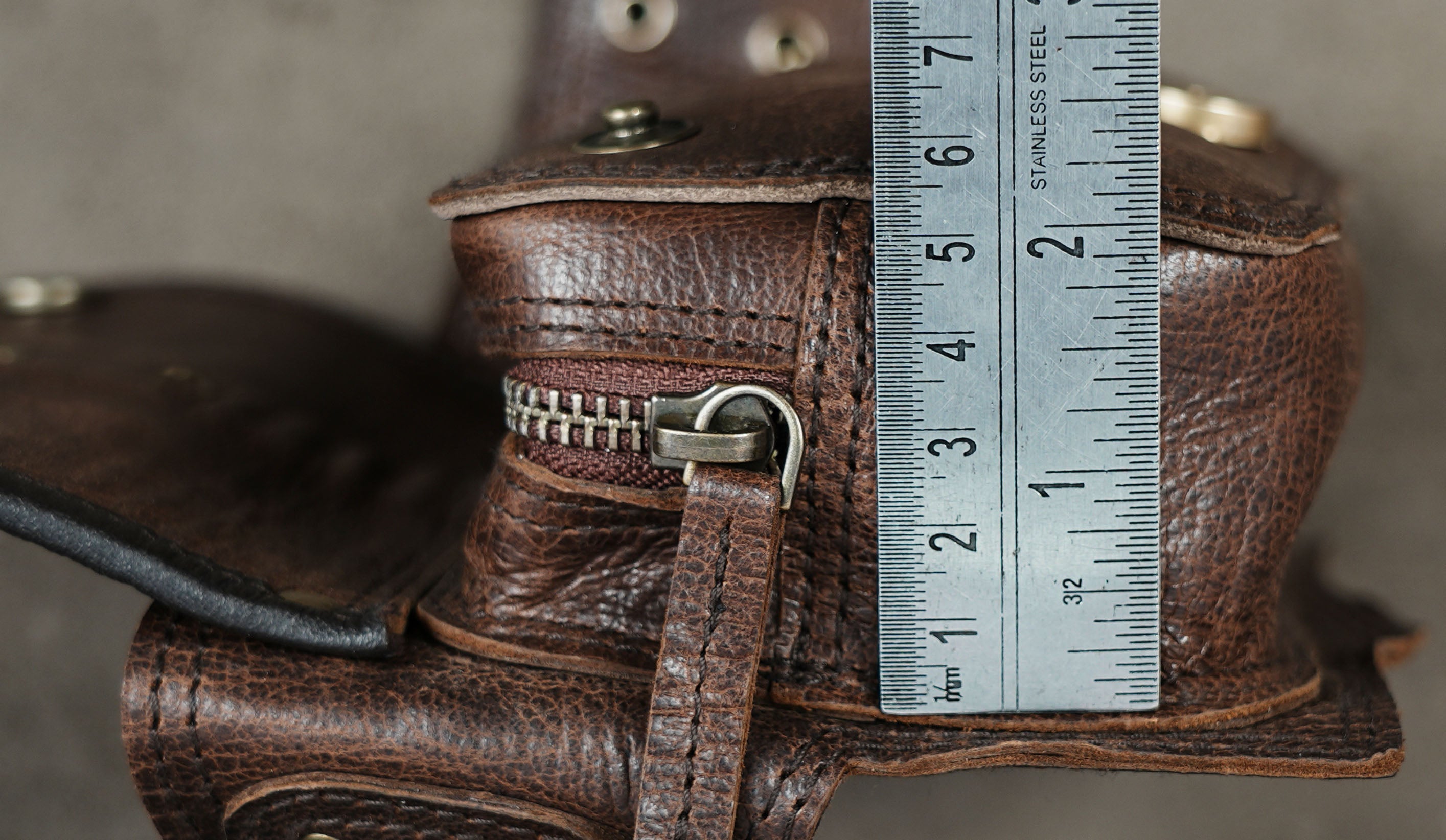 Handmade leather pocket belt with antique brass rivets