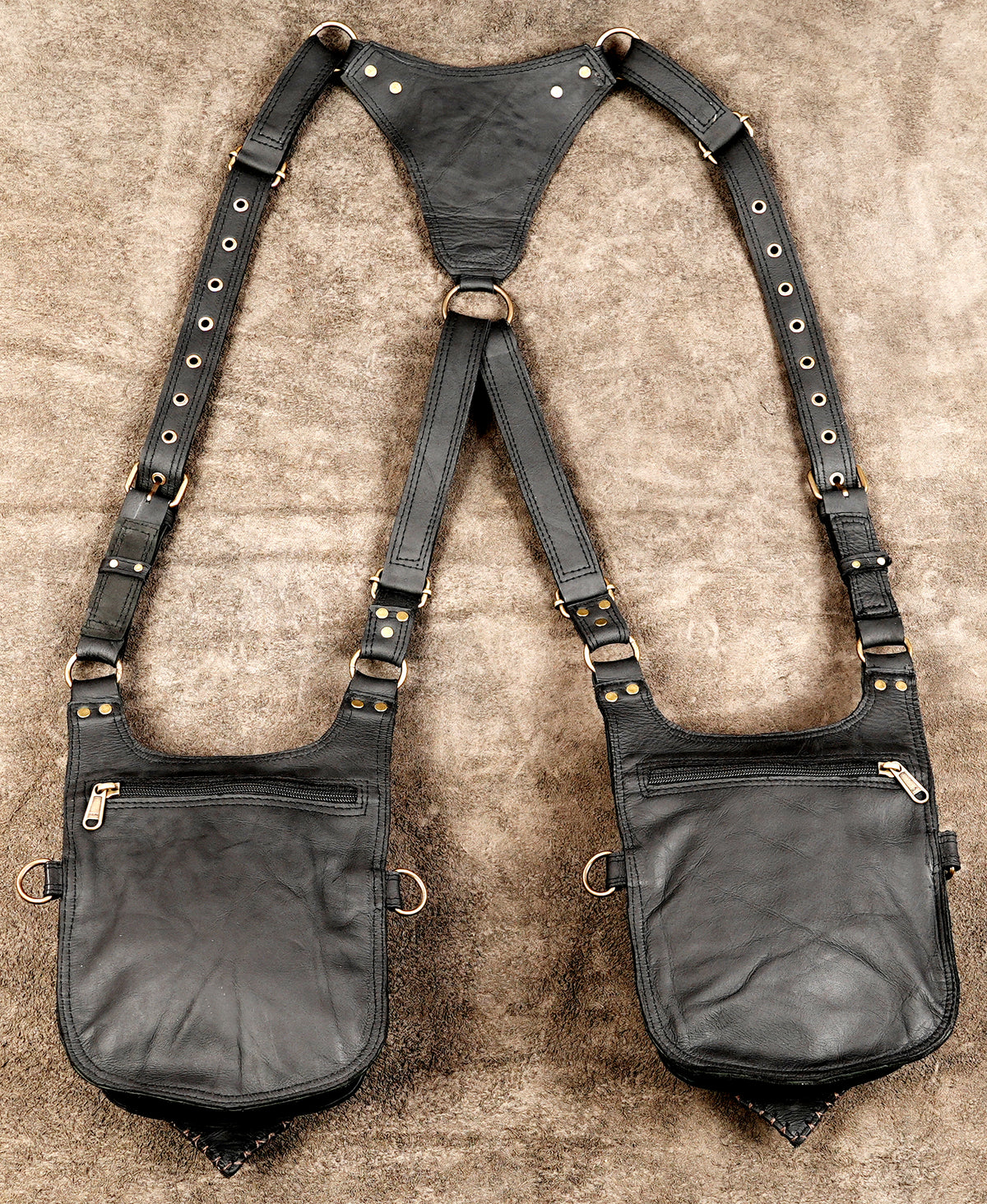 Steampunk leather shoulder holster with antique brass hardware