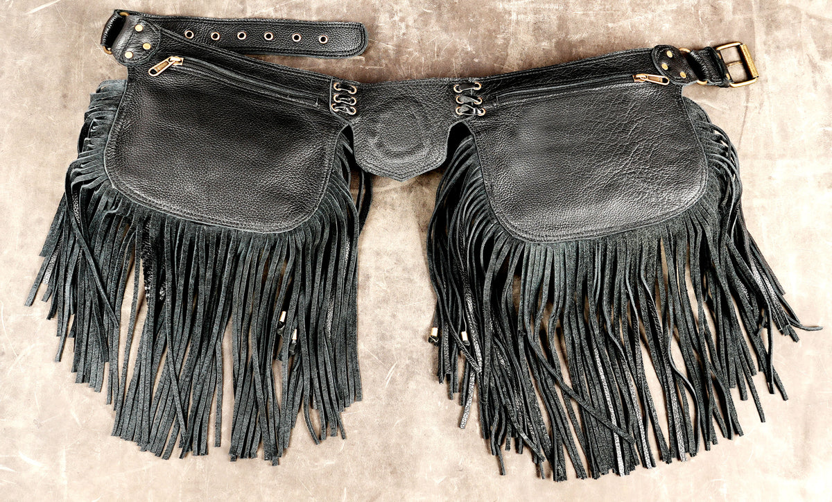 Decorative leather waist belt with long flowing fringe