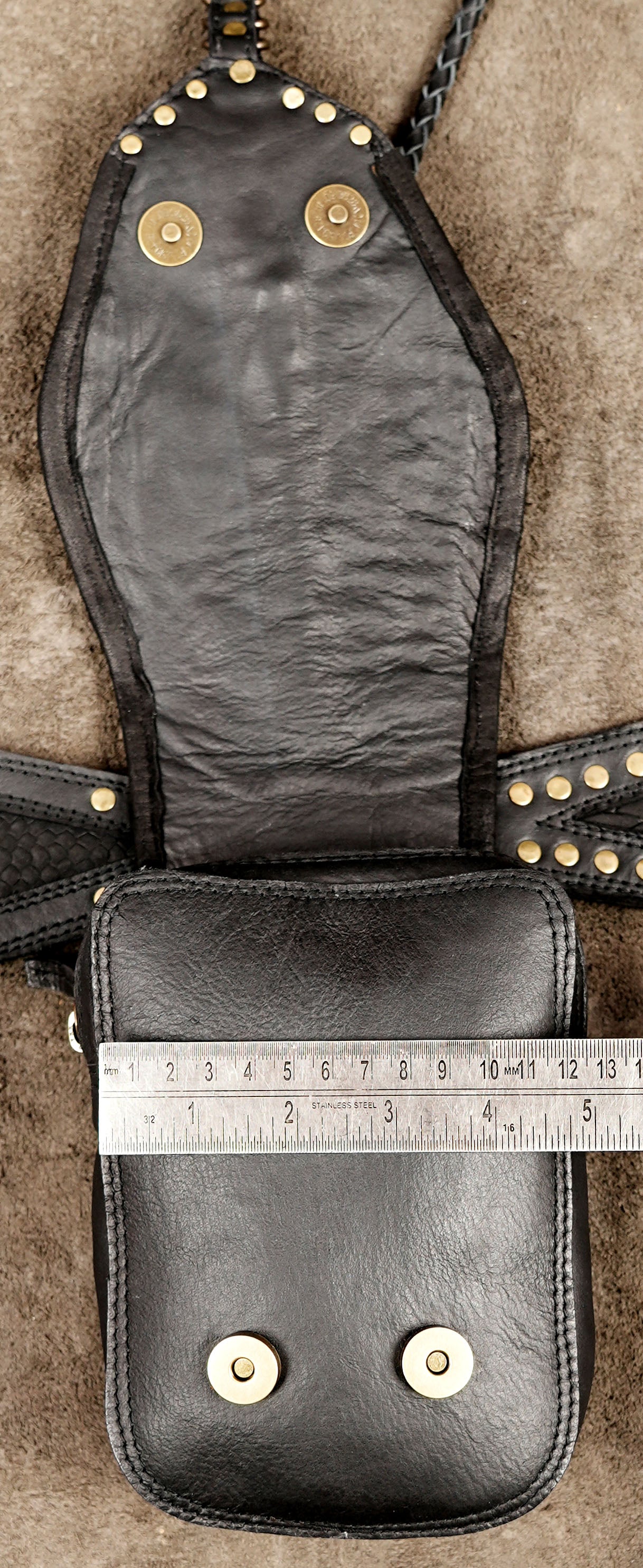Handmade Black Leather Festival Belt Bag with Labradorite Stone & Antique Brass Hardware For Unisex (LT/AB/WB/6220)