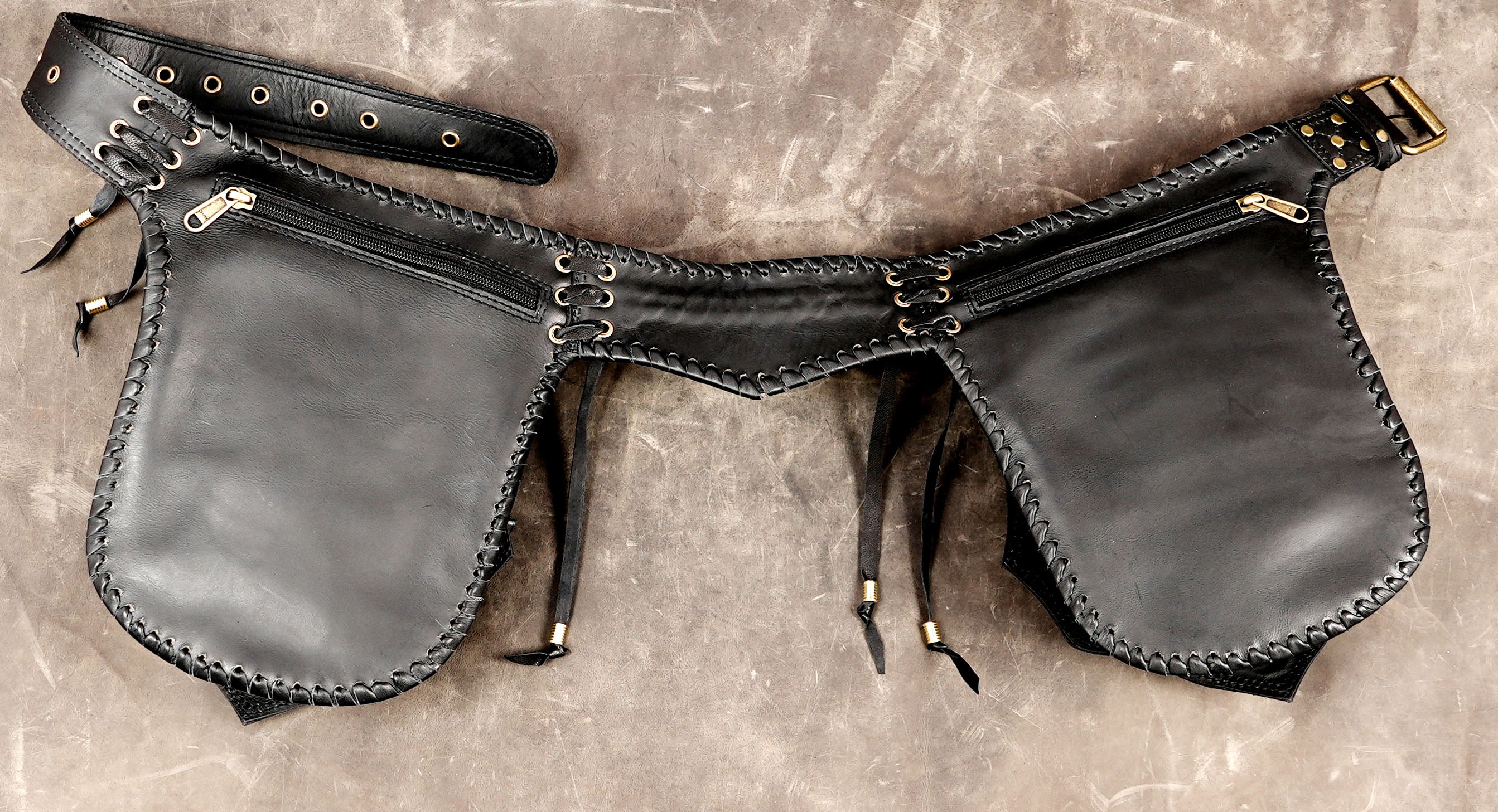 Handcrafted leather pouch belt with natural stones