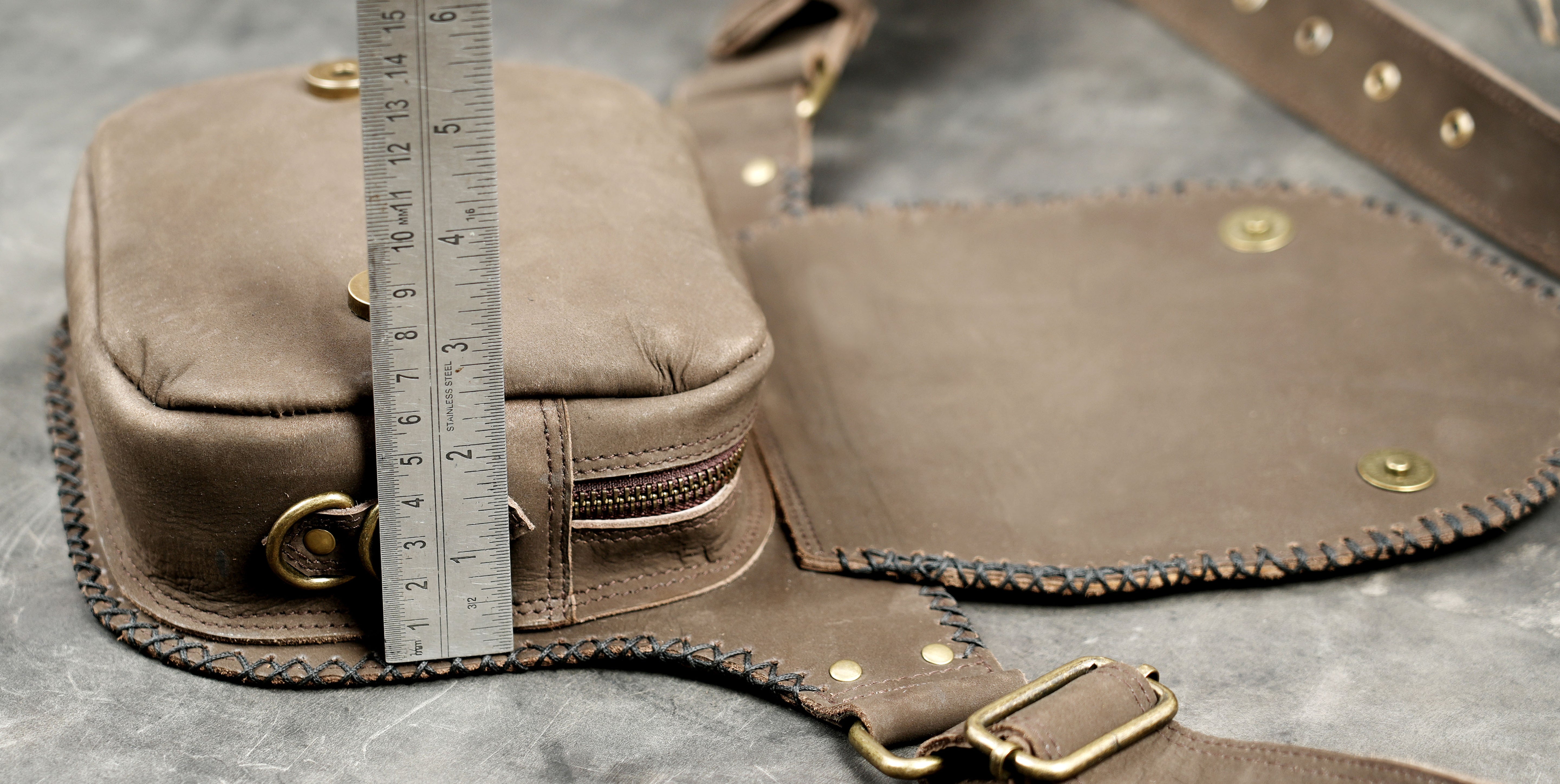 Leather utility belt bag with antique brass hardware
