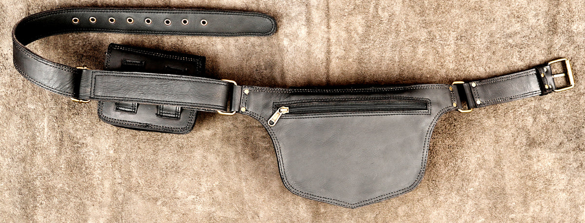 Multi-pocket black leather waist bag and belt combination   