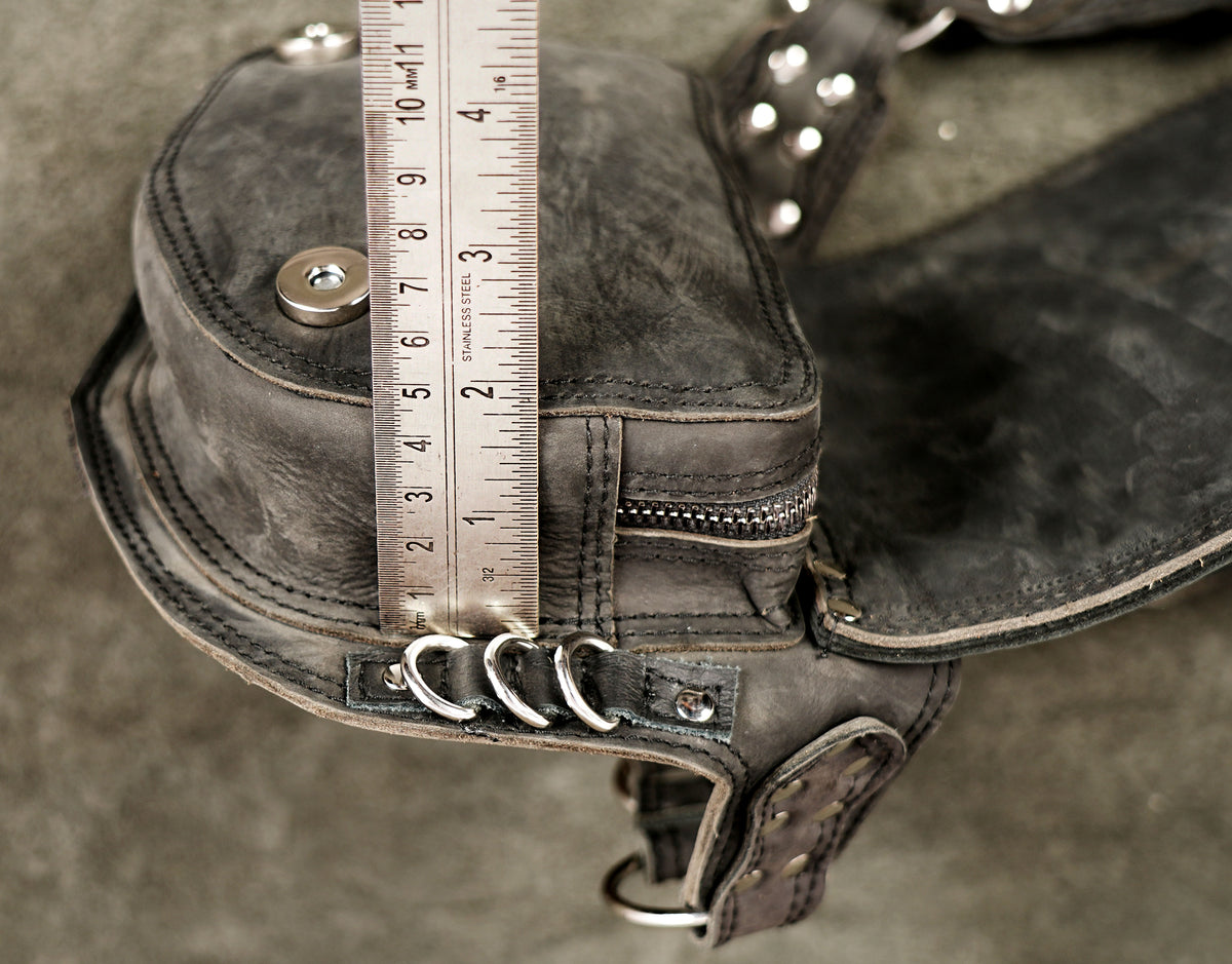 Handmade Leather Geometric Hip Bag with Chain Strap – Sacred Geometry Waist Bag, Nickel Silver Chain Link Belt Pouch
