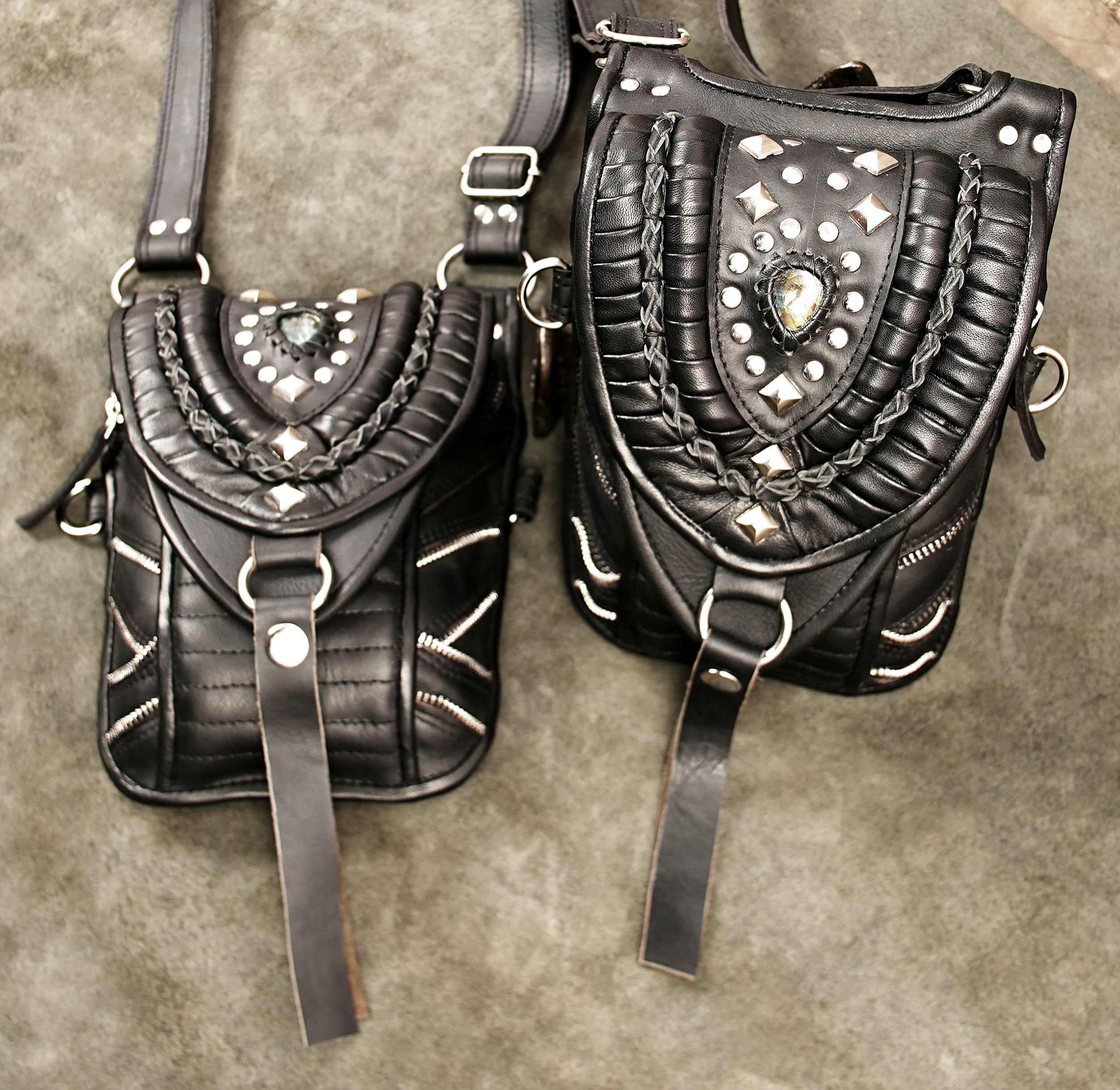Heavy metal style black leather dual pouch holster belt