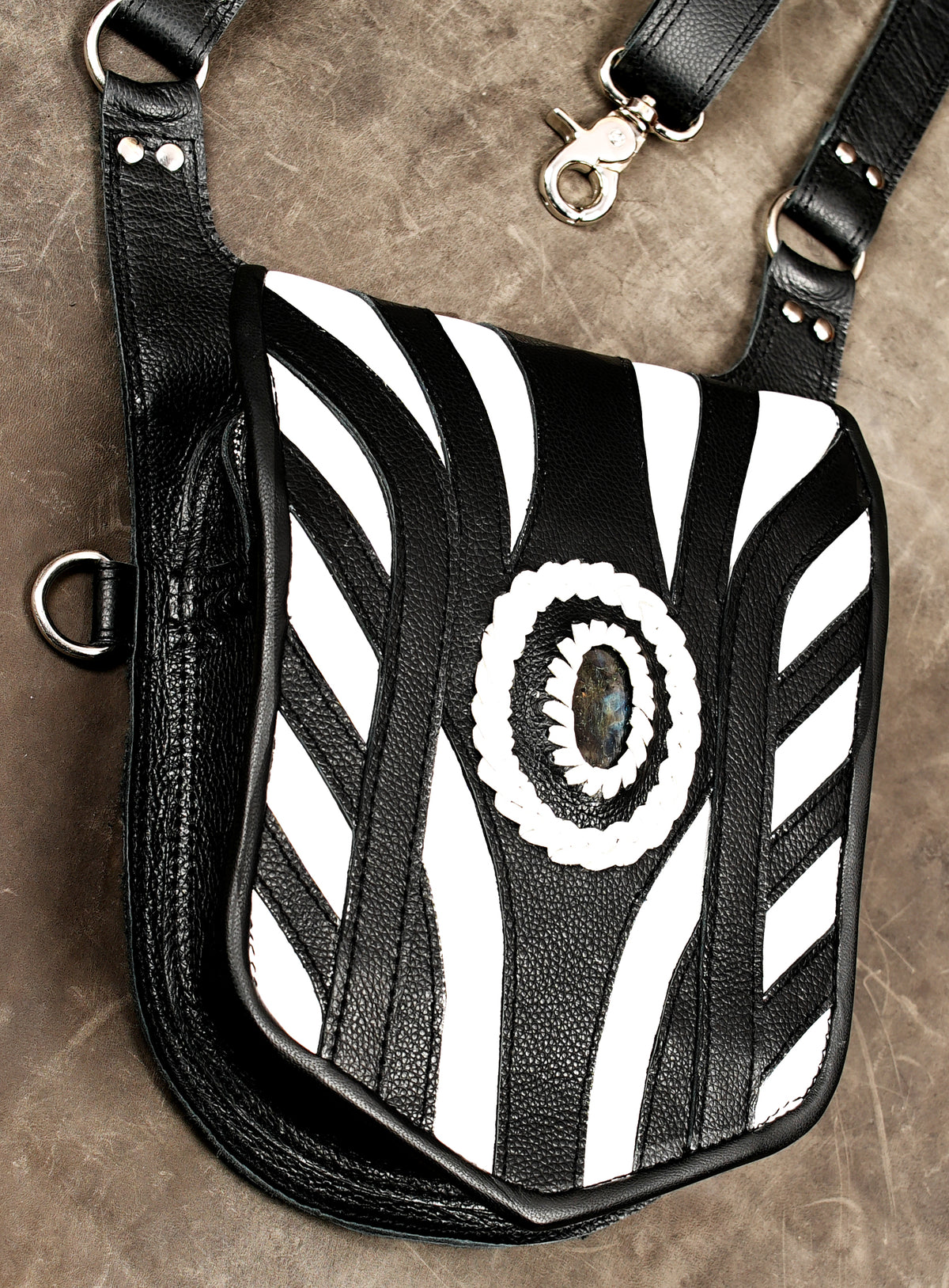 Handmade Unisex Black and White Leather Shoulder Holster Bag with Double Pouches and Labradorite Stones