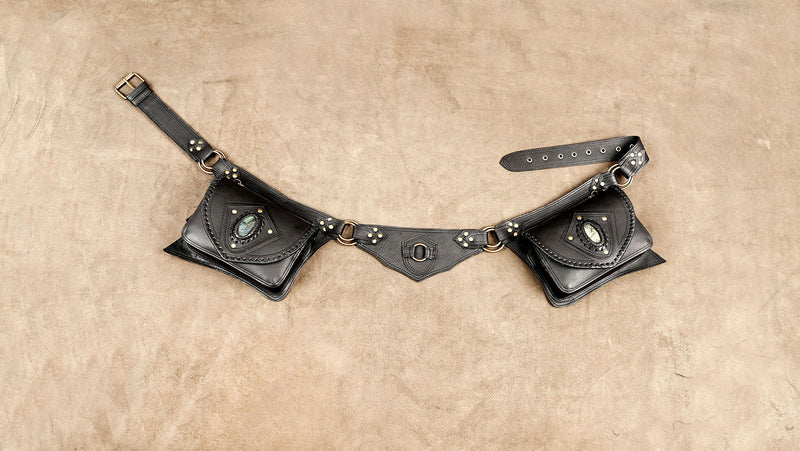 Black leather waist belt with two labradorite stone pouches and antique brass-tone hardware.