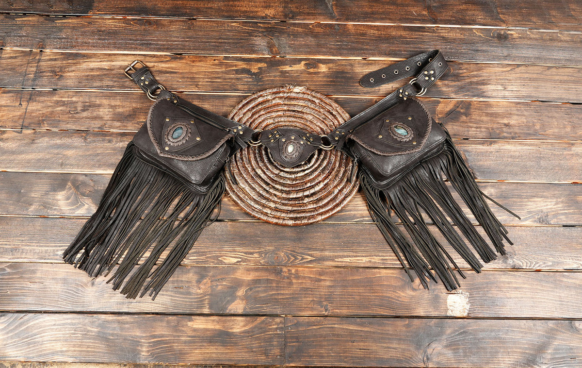 Handmade Leather Fringe Belt Bag, Black Western Waist Belt, Boho Hip Pouch, Stone Accent, Festival Wear
