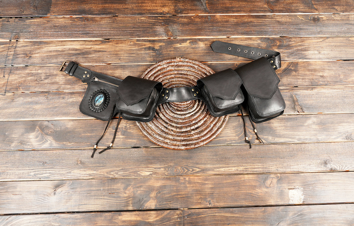 Black Leather Utility Hip Belt with Stone Accents and Brass Hardware