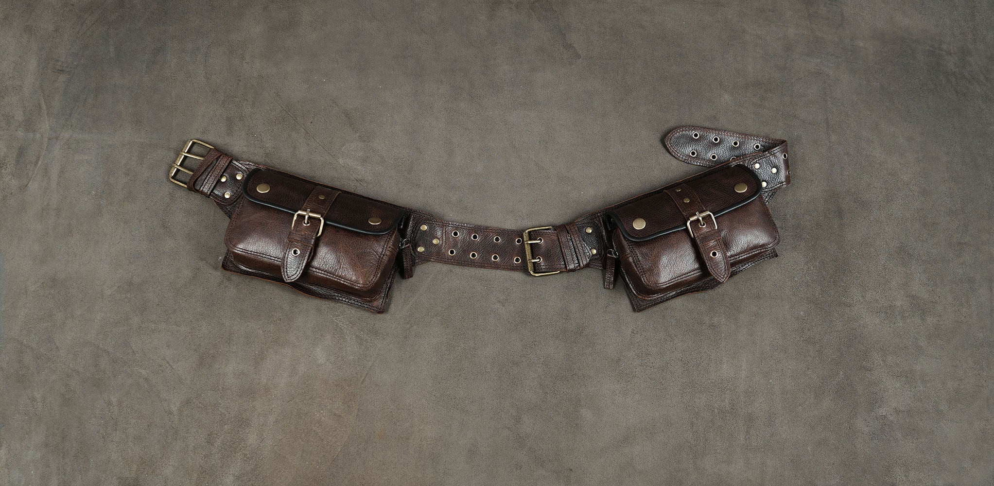 Genuine leather double-pouch belt bag with antique brass fittings