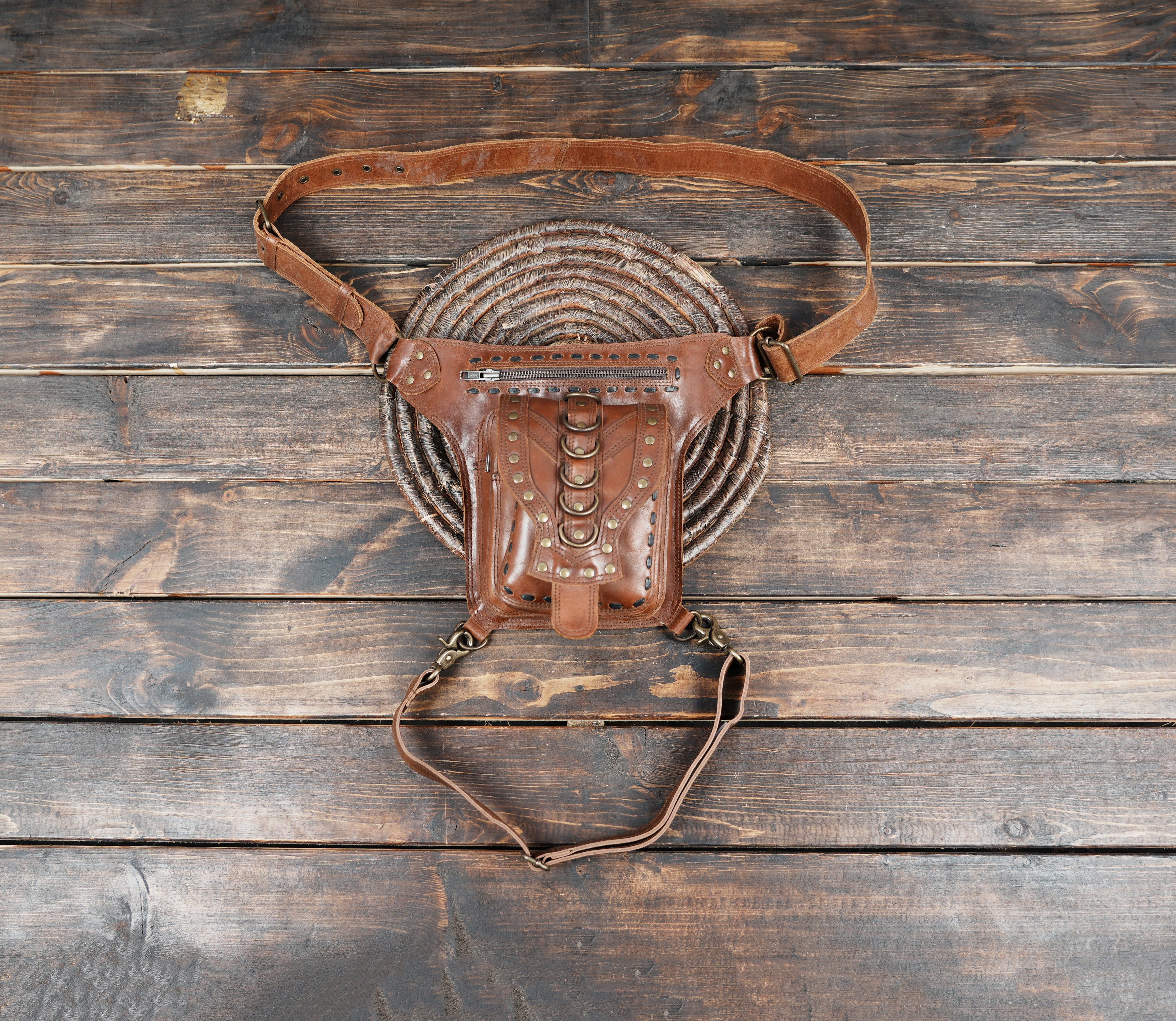 Handmade leather thigh belt with adjustable waist and leg straps