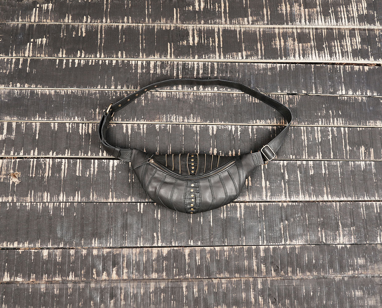 Handmade Black Leather Waist Shoulder Belt with Zipper Pouch || Leather Waist Shoulder Bag with Studded Detailing (LT/AB/SB/6011)