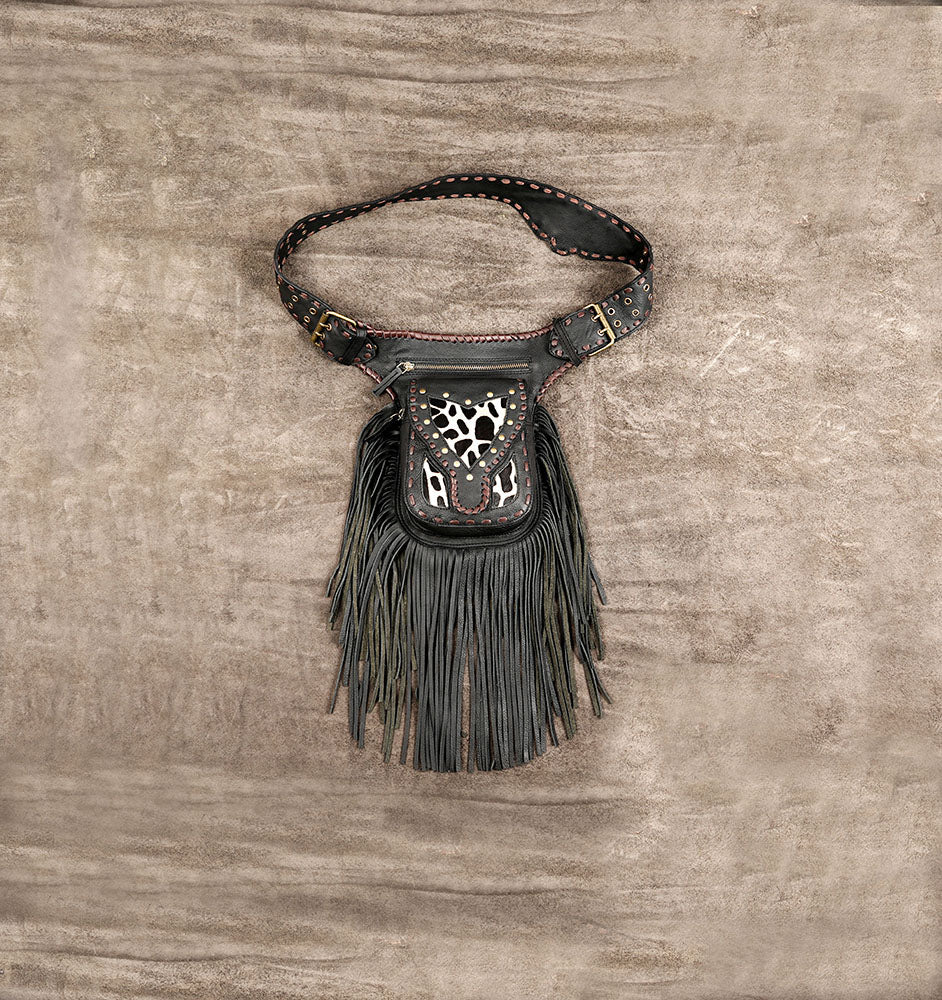 Black Leather Fringe Waist Belt Bag with Cow Print Detail and Antique Brass Hardware