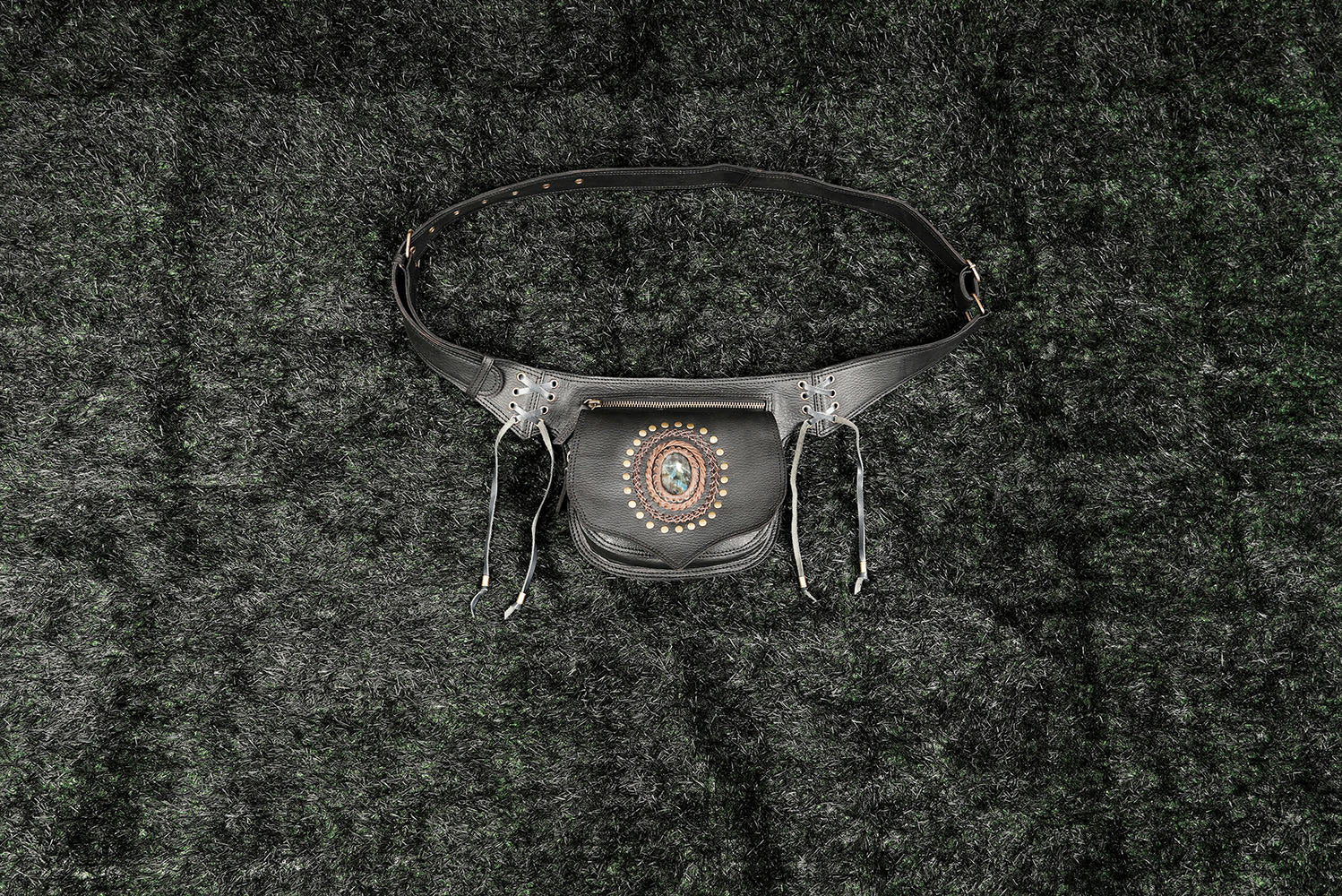 Handmade leather hip pouch with Labradorite stone, zipper pocket and adjustable waist strap.