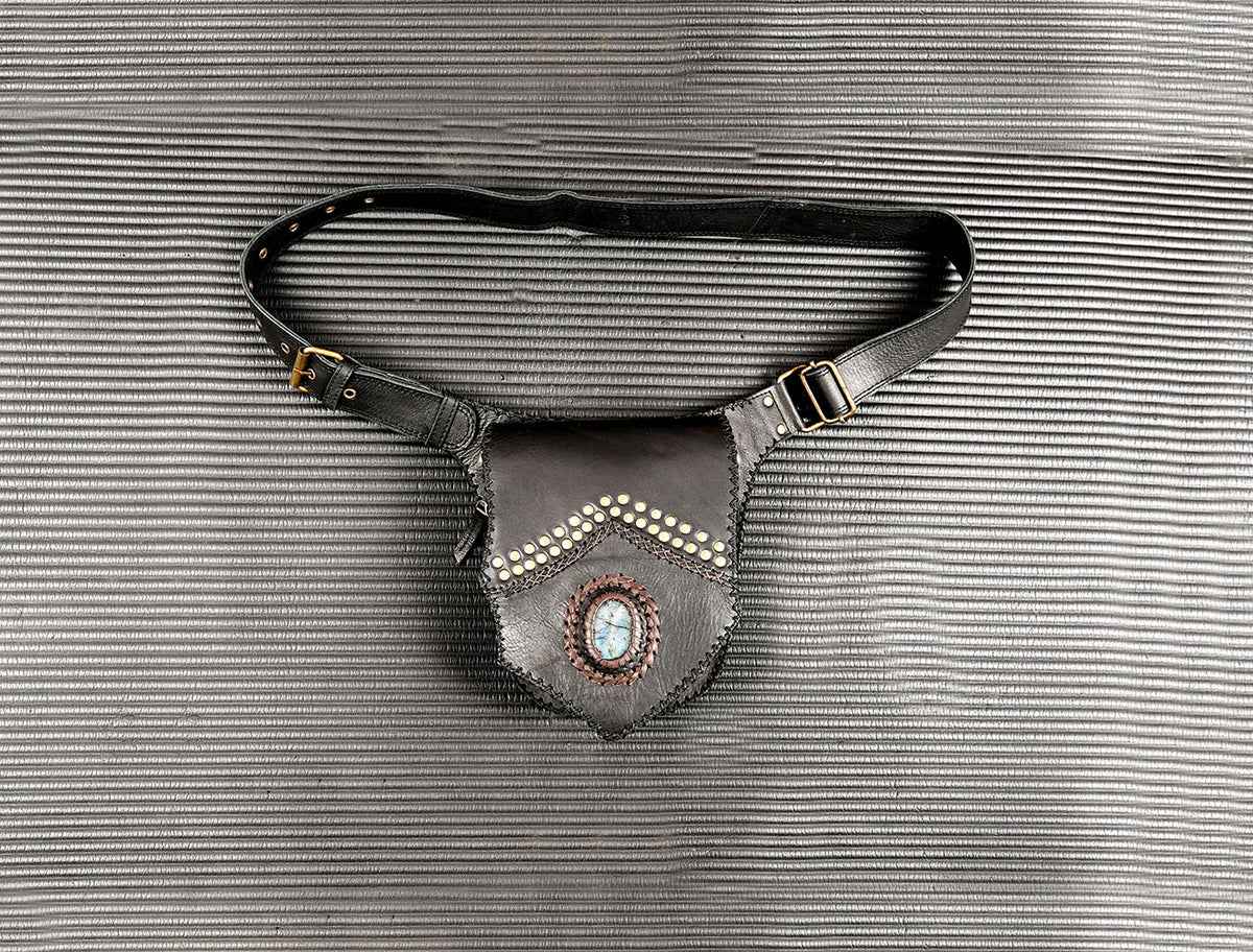 Black leather Burning Man festival waist belt
