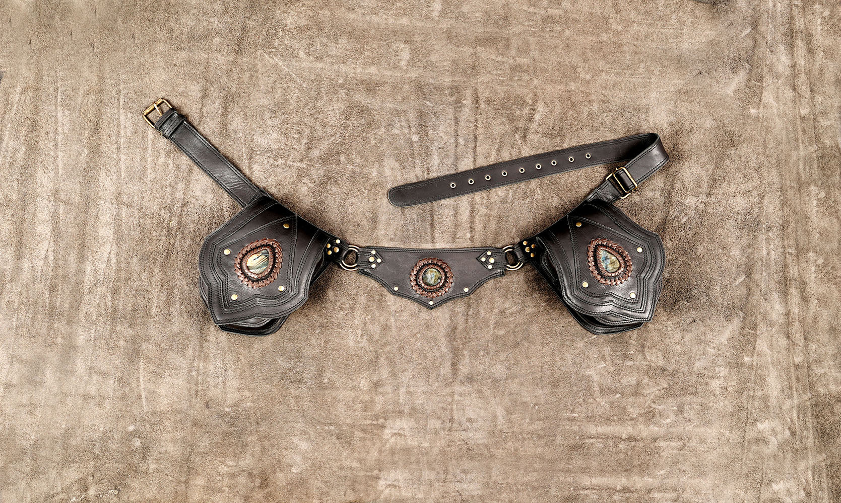 Black leather waist belt bag with labradorite stones