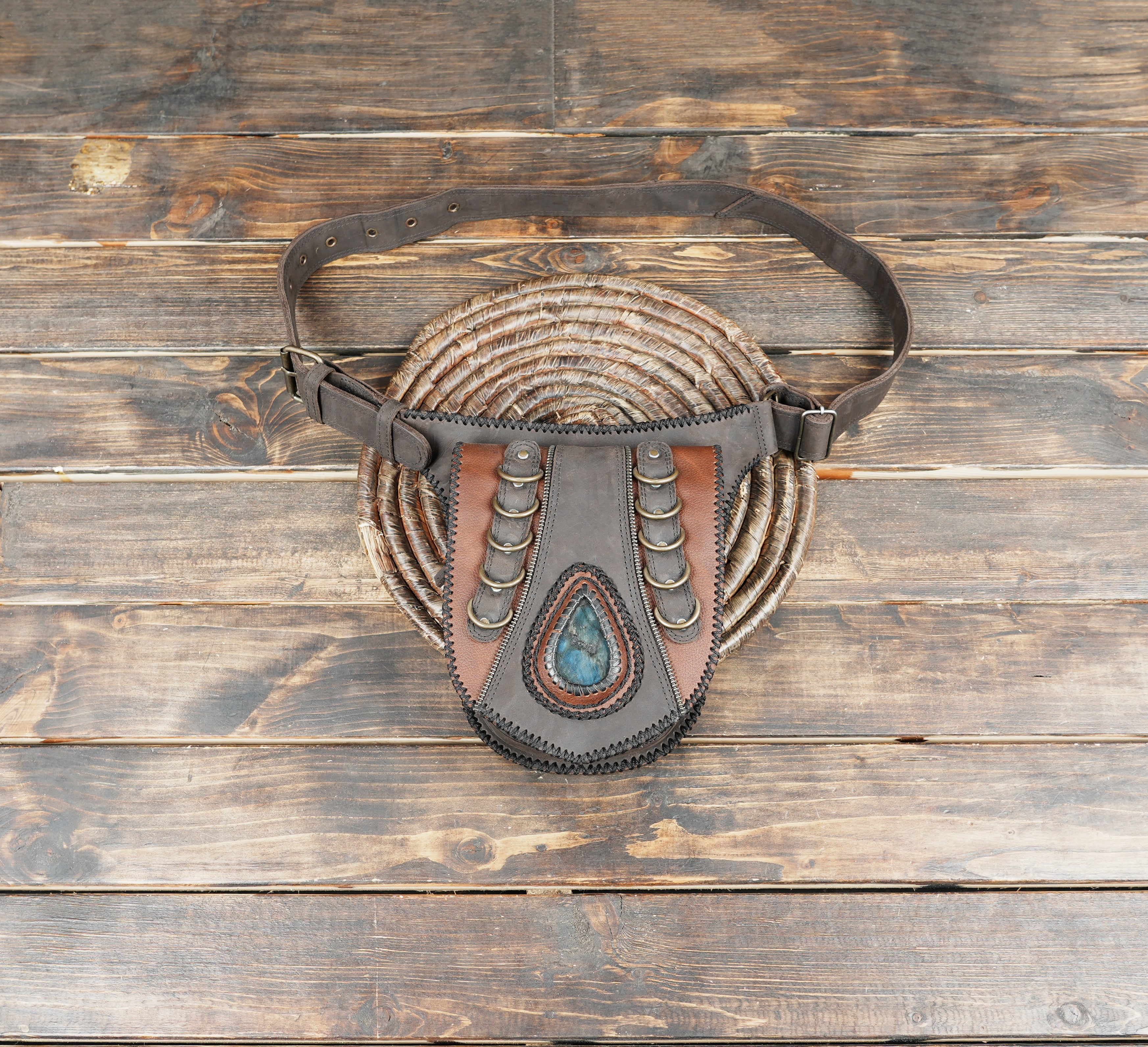 Brown Leather Waist Belt Bag Labradorite Stone Festival Hip Pouch Antique Brass