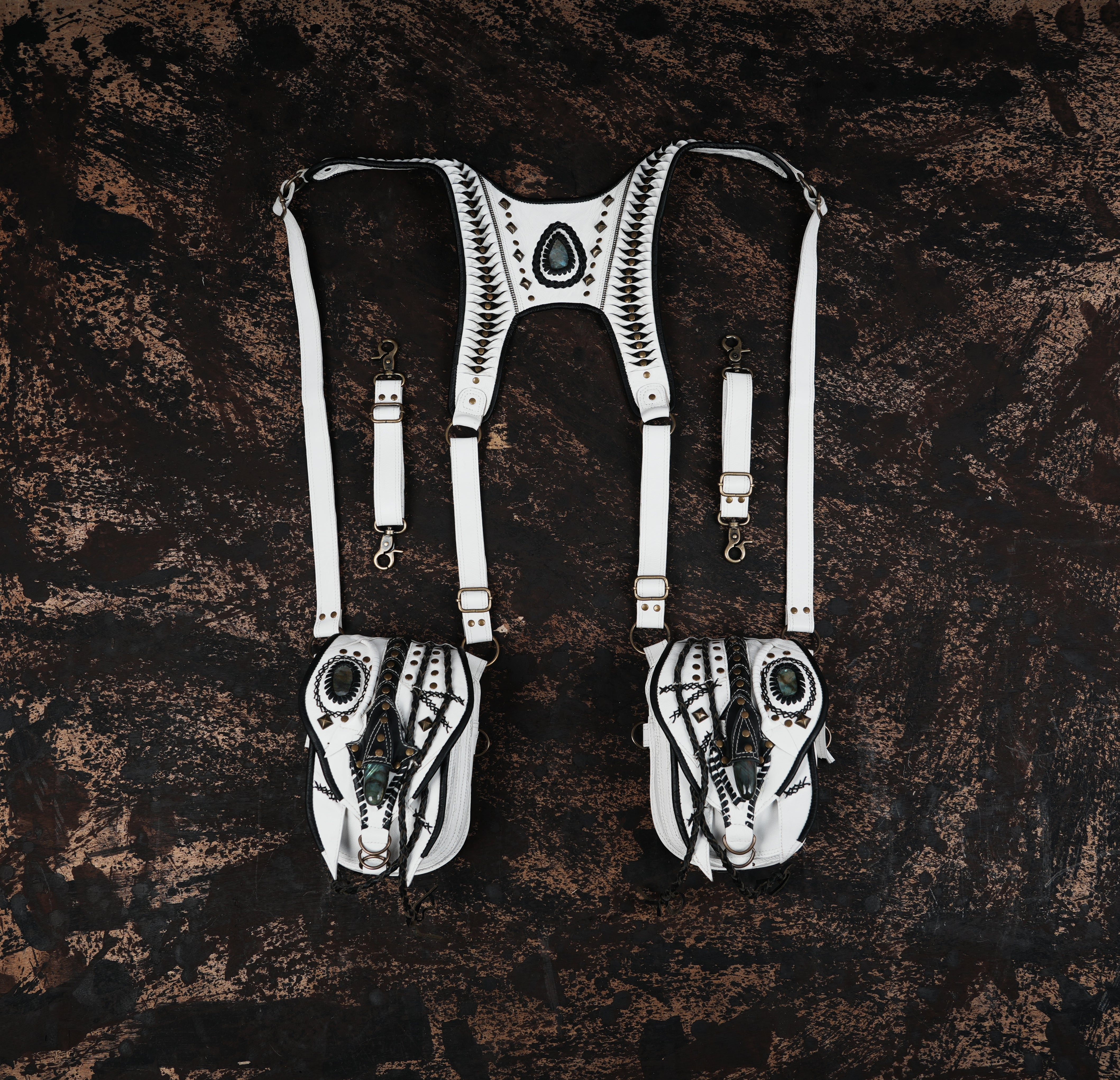 White leather dual shoulder holster with gemstone accents