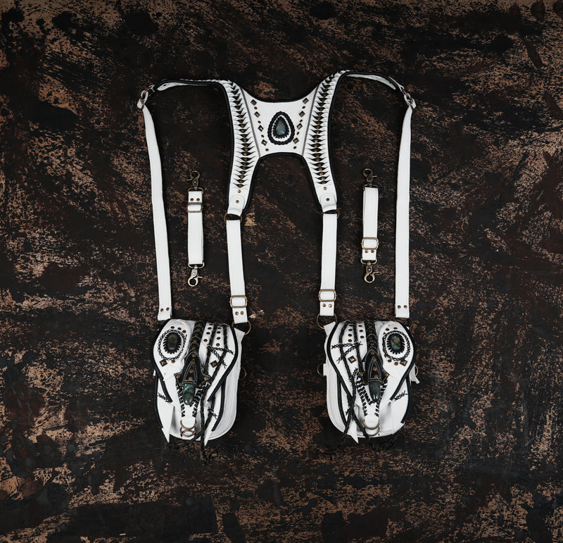 White leather dual shoulder holster with gemstone accents