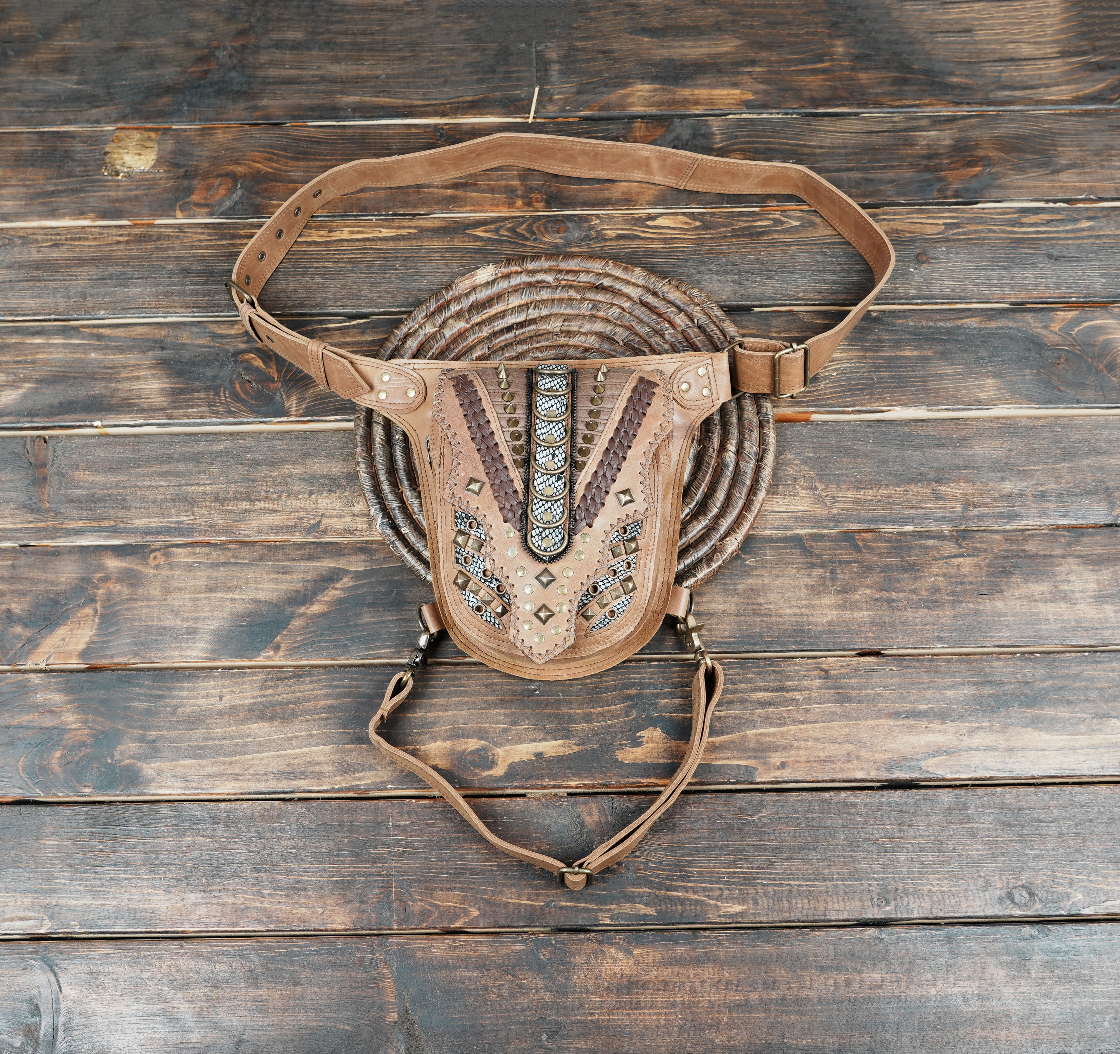 Handmade Black Leather Waist and Thigh Belt Bag with Cowrie Shells and Antique Brass Studs